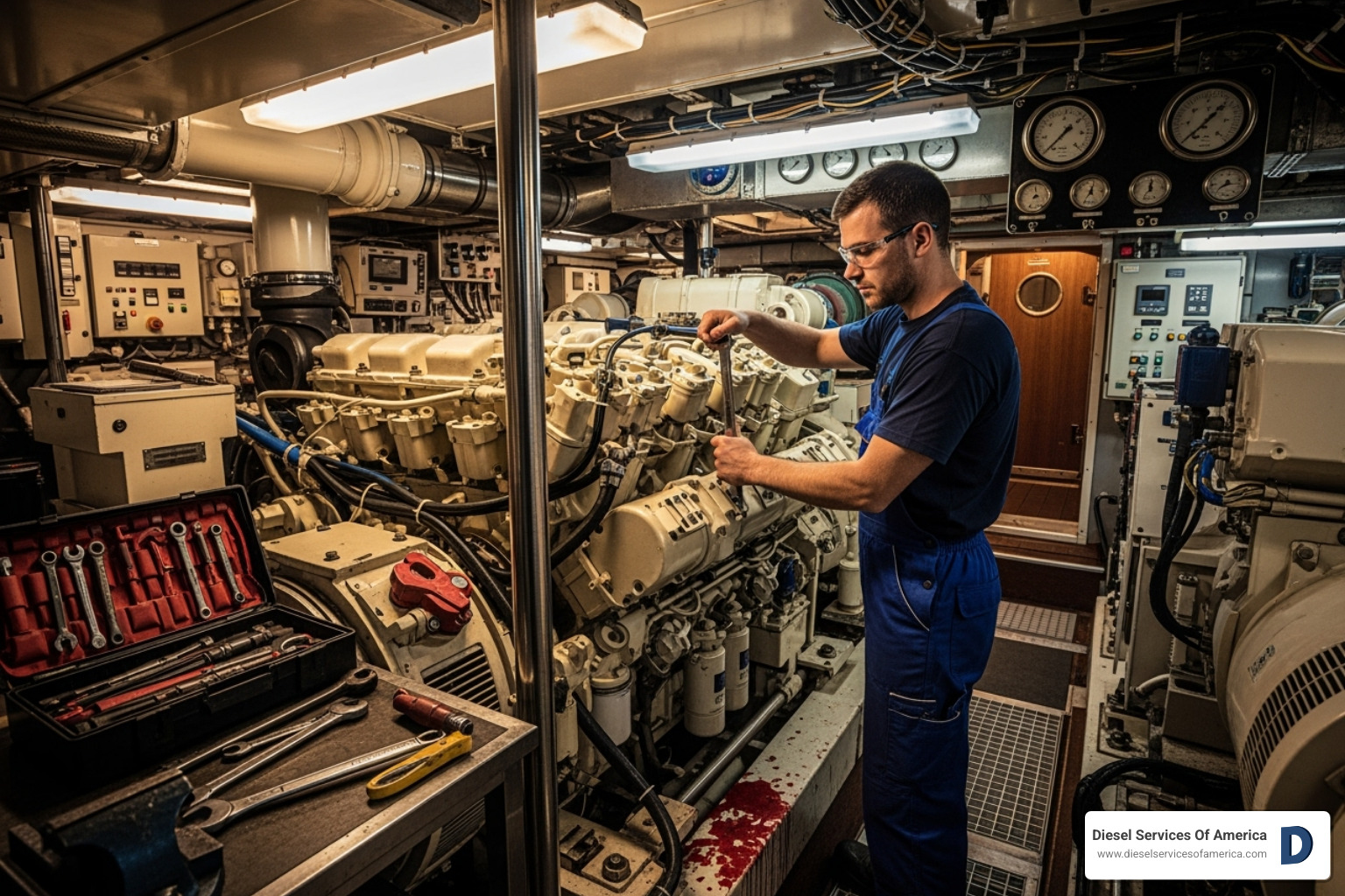 of a technician servicing a large marine generator inside a yacht's engine room - generator repair san diego