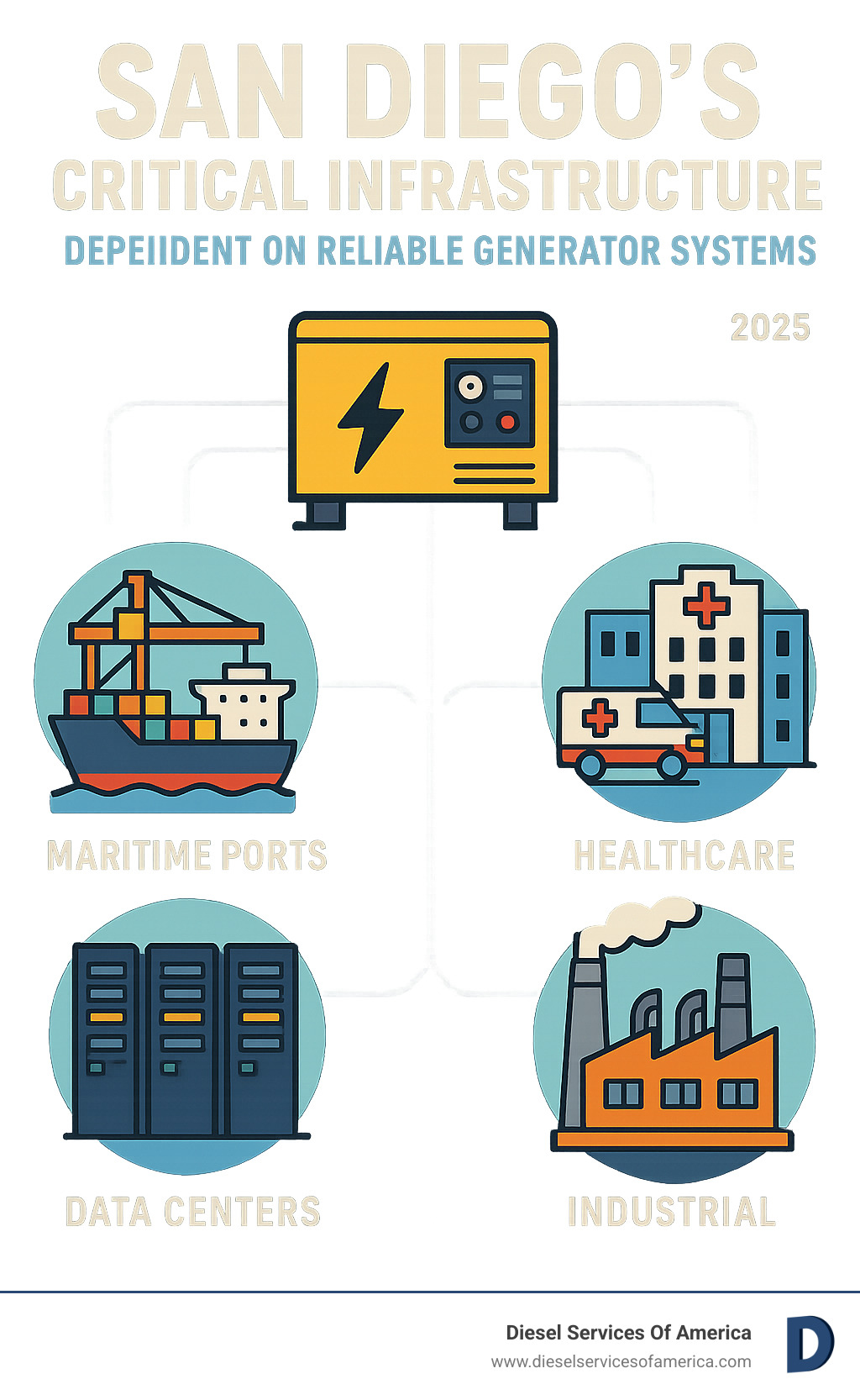 Infographic showing San Diego's critical infrastructure sectors that dependent on reliable generator systems including maritime ports with cargo vessels, healthcare facilities with emergency equipment, data centers with server racks, and industrial manufacturing plants, all connected by power lines indicating their dependence on backup generator systems - generator repair san diego infographic 