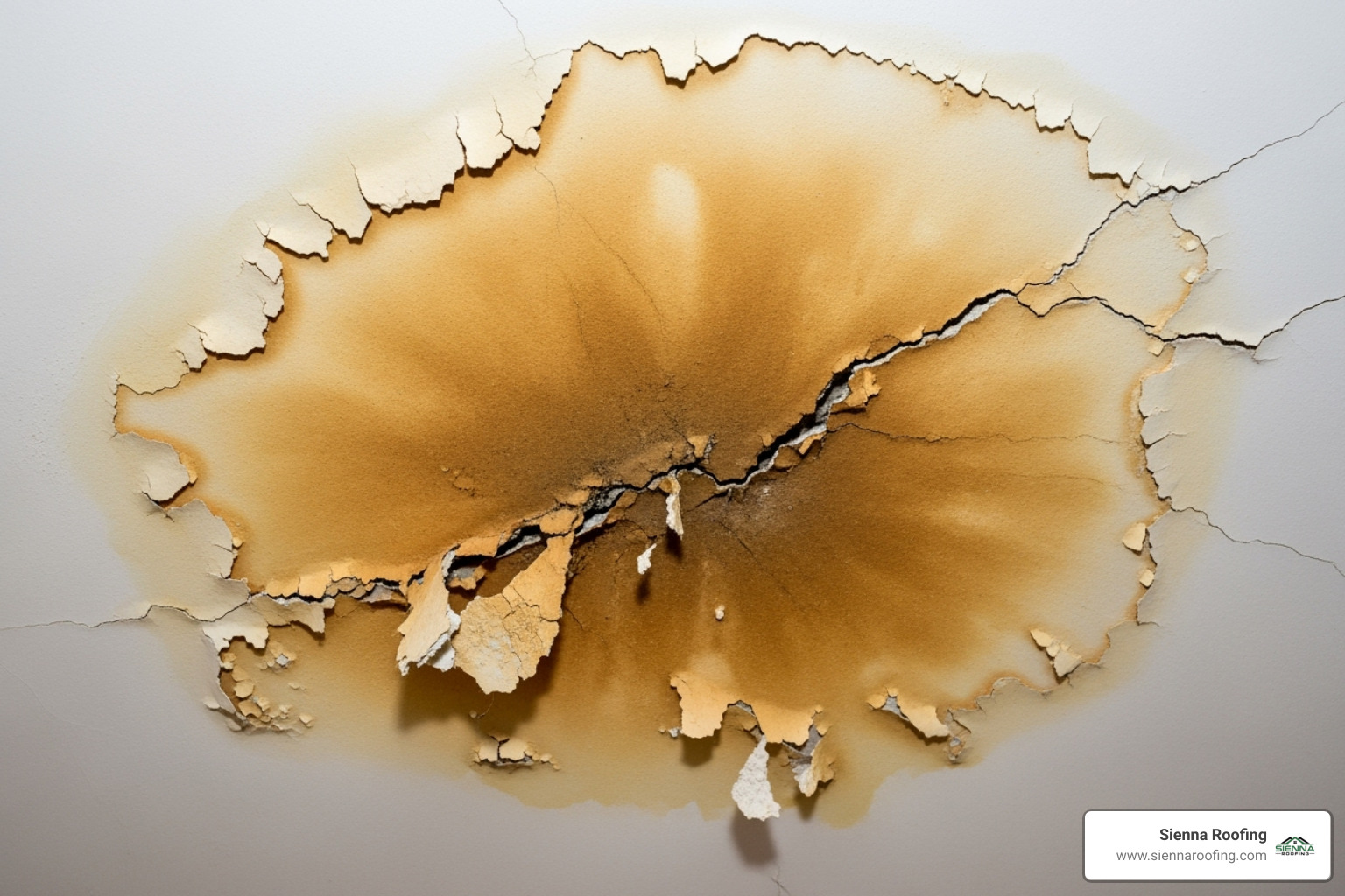 Damaged roof with a water leak staining an interior ceiling - Insured roofing company