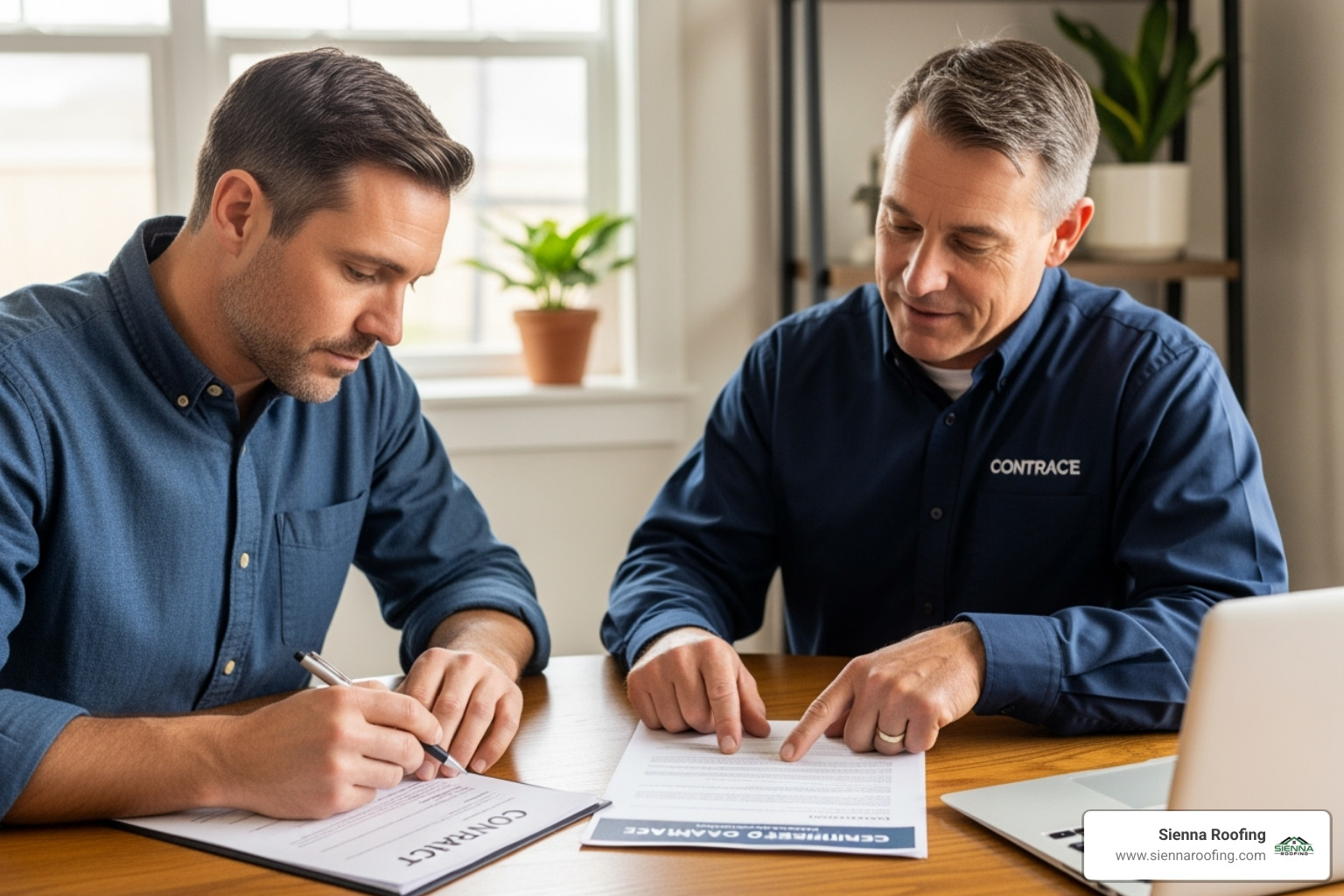 Homeowner reviewing a contract and certificate of insurance with a roofer - Insured roofing company