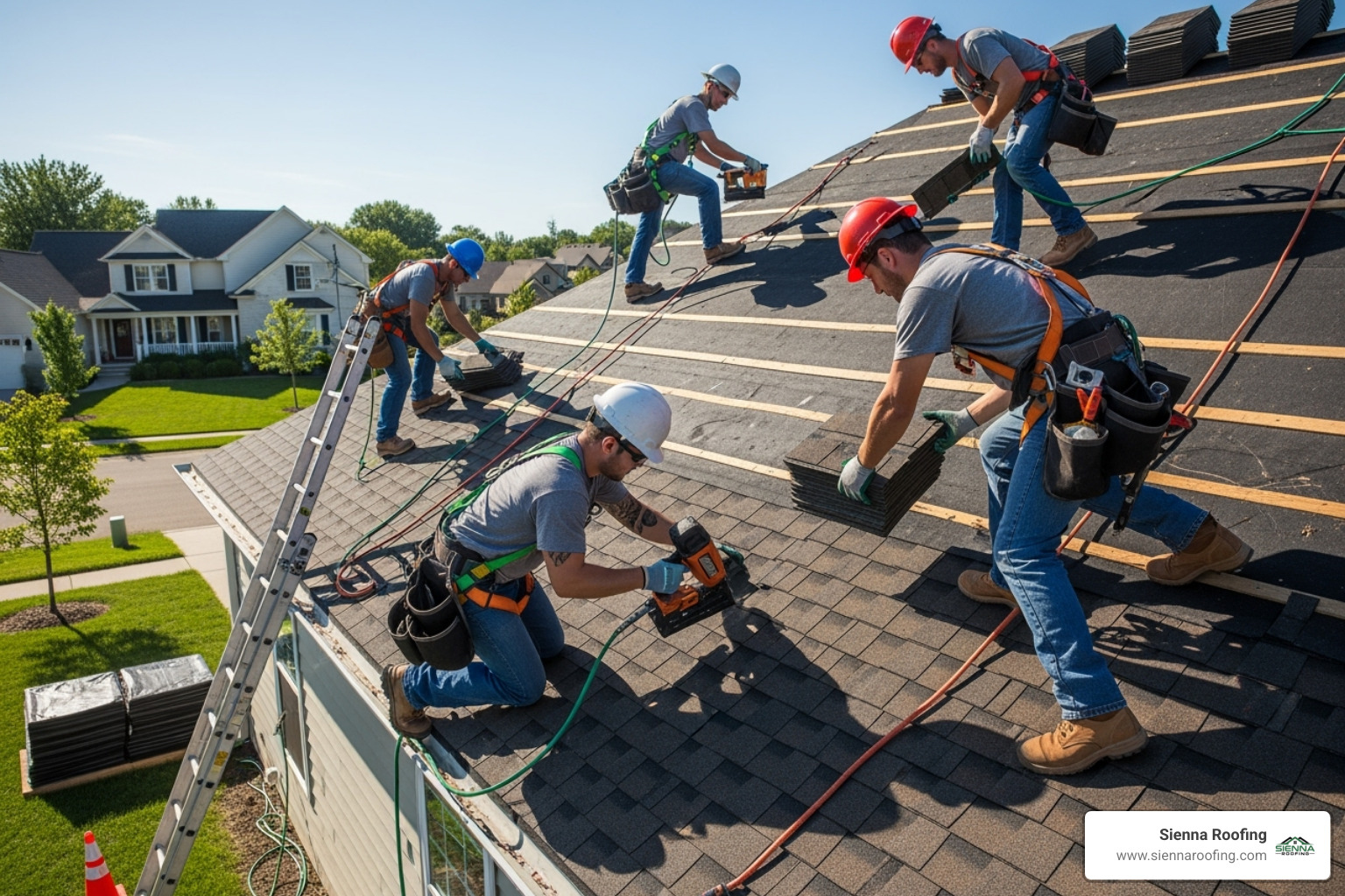 Professional roofing crew working safely with proper gear - Insured roofing company