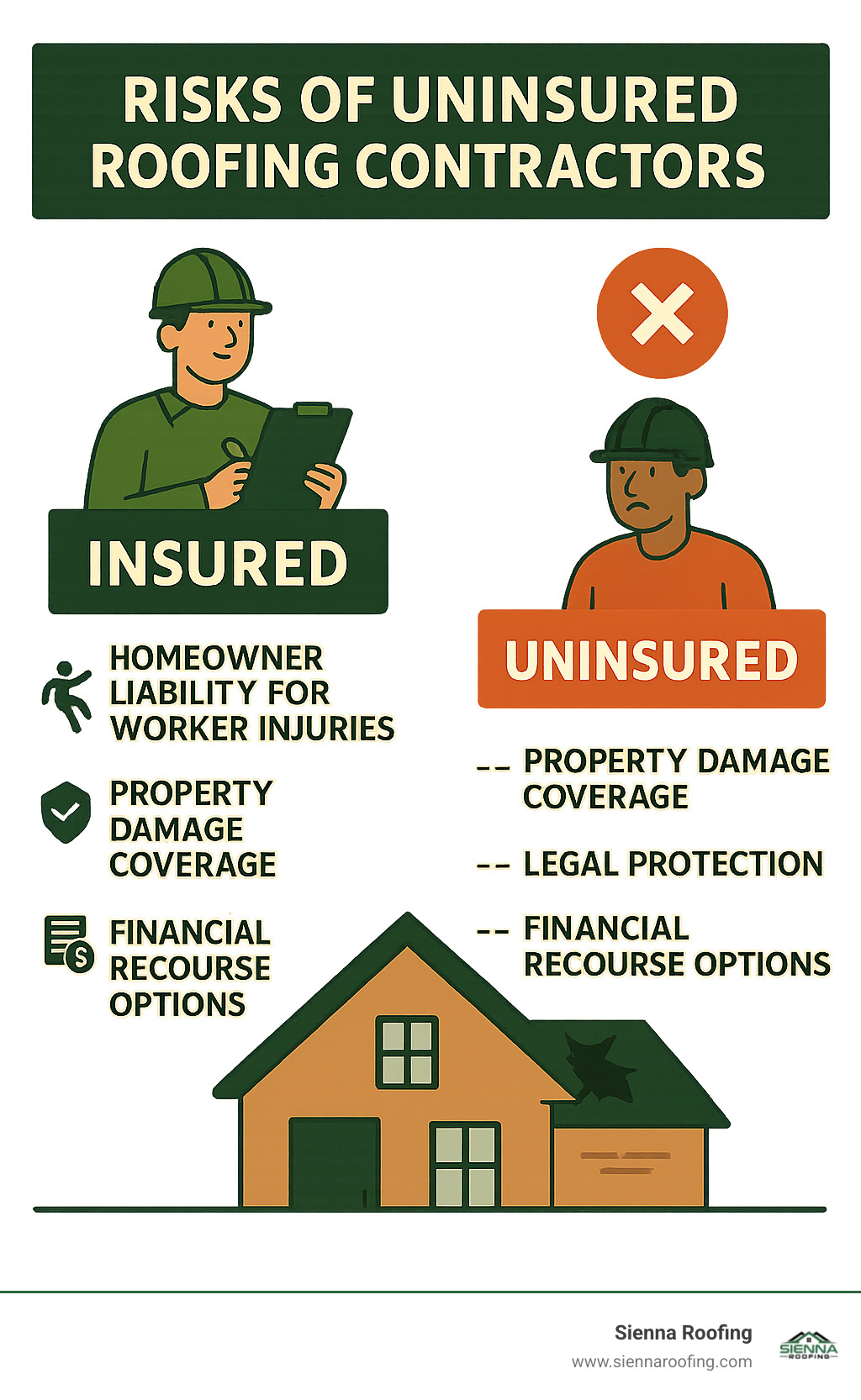 Comprehensive infographic showing the key differences between insured and uninsured roofing contractors, including risk factors like homeowner liability for worker injuries, property damage coverage, legal protection, and financial recourse options - Insured roofing company infographic 