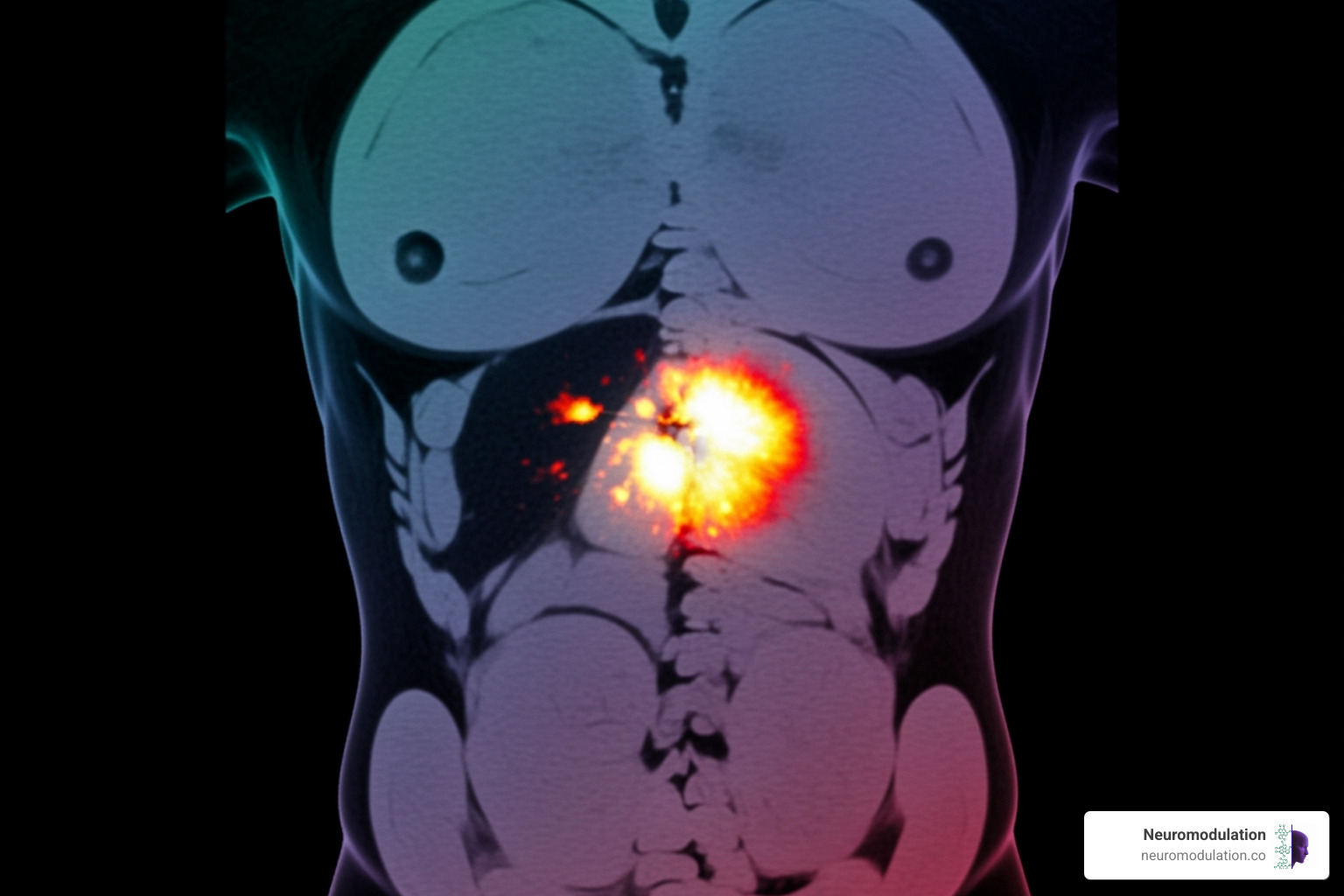 A PET scan image highlighting a tumor in a patient's body, where the targeted imaging agent has accumulated specifically in the cancerous tissue, making it brightly visible against the surrounding healthy tissue - ligand targeted drug delivery
