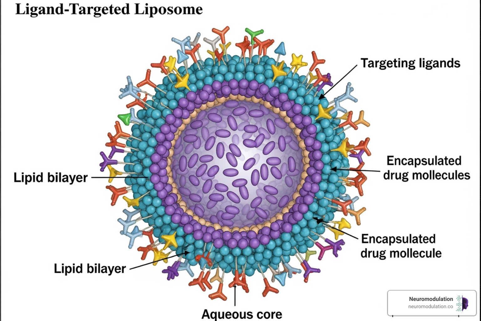 A detailed illustration of a Ligand-Targeted Liposome (LTL) showing its spherical lipid bilayer, the inner aqueous core containing encapsulated drug molecules, and multiple targeting ligands (represented as distinct shapes) uniformly attached to the outer surface of the bilayer - ligand targeted drug delivery