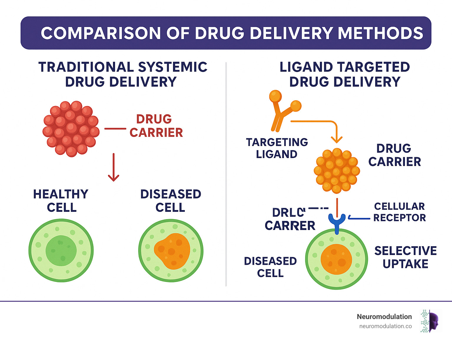 Comprehensive infographic showing the comparison between traditional systemic drug delivery (affecting both healthy and diseased cells throughout the body) versus ligand targeted drug delivery (specifically targeting diseased cells through receptor binding), including visual representations of drug carriers, targeting ligands, cellular receptors, and the selective uptake mechanism - ligand targeted drug delivery infographic 