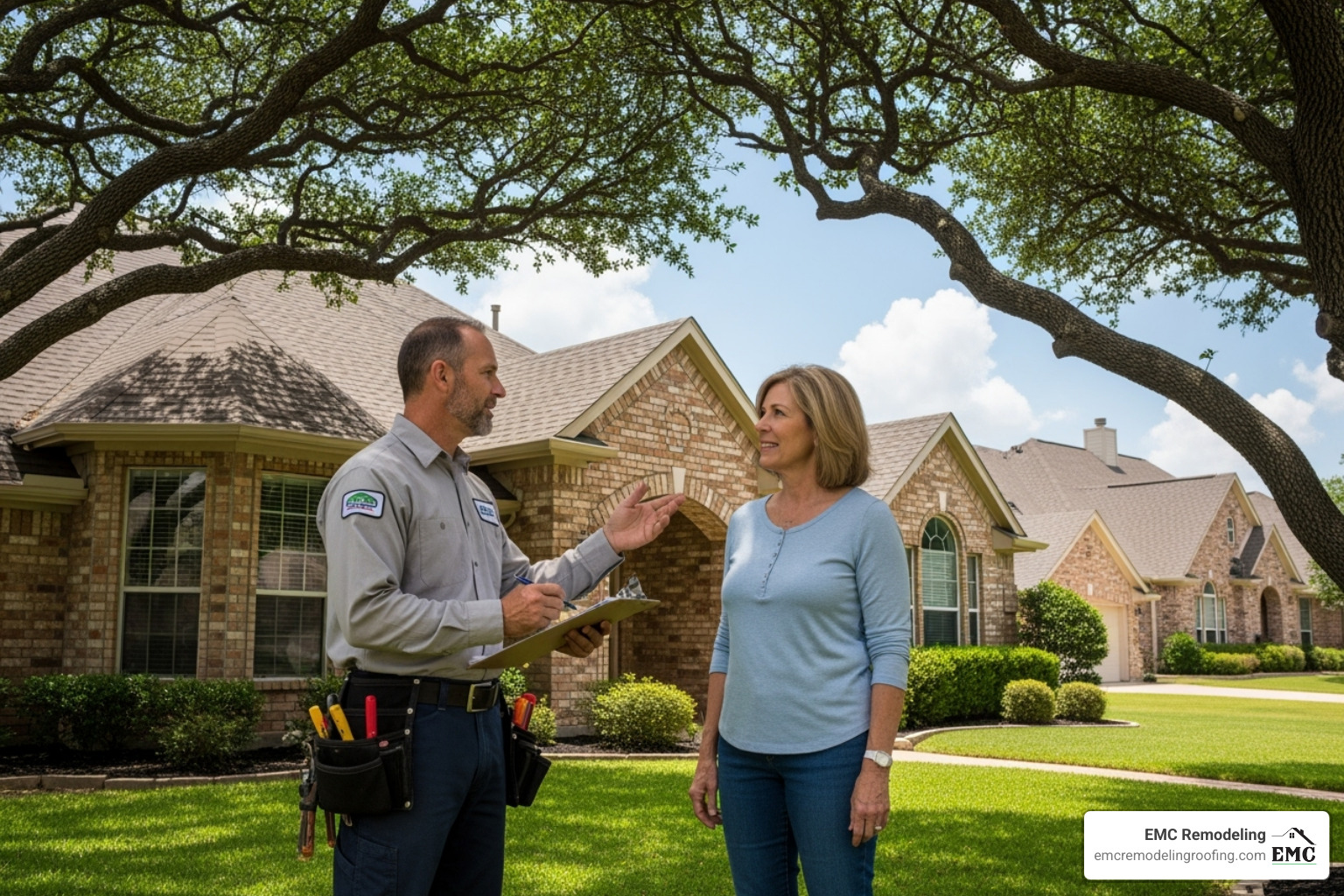 professional roofer providing an estimate to a homeowner in Central TX - roof tile replacement