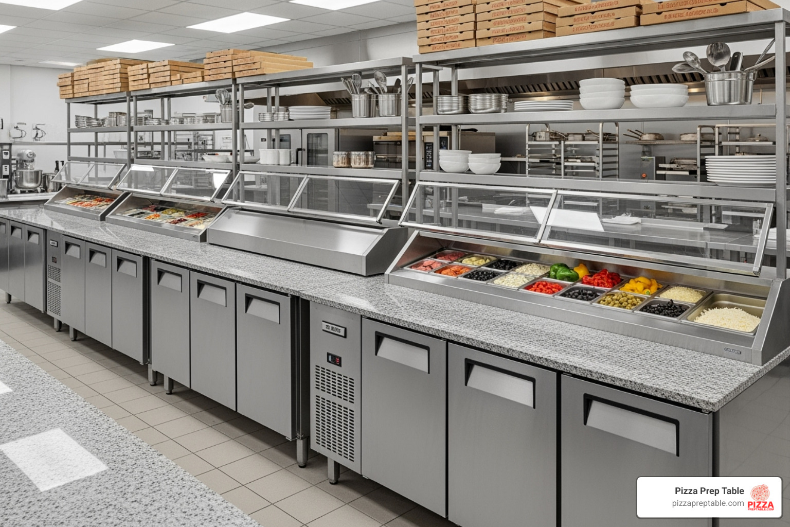 Pizza prep tables of different sizes lined up - pizza topping fridge Pizza prep tables of different sizes lined up - pizza topping fridge