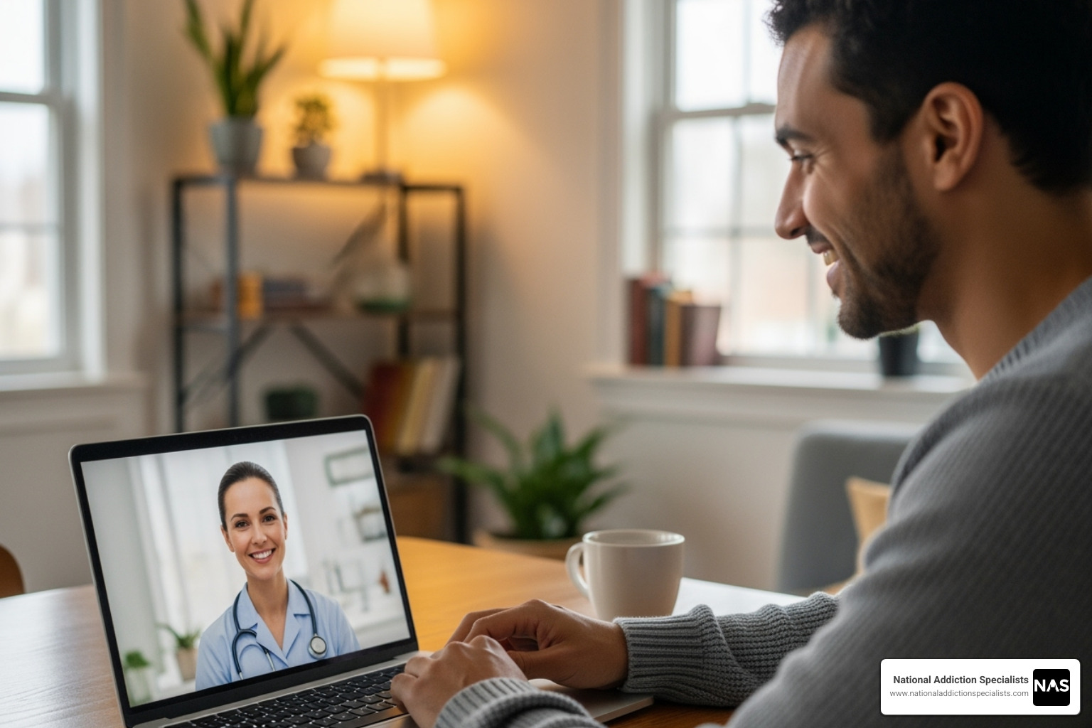 A person having a positive telehealth consultation on a laptop, smiling and engaged - opiate