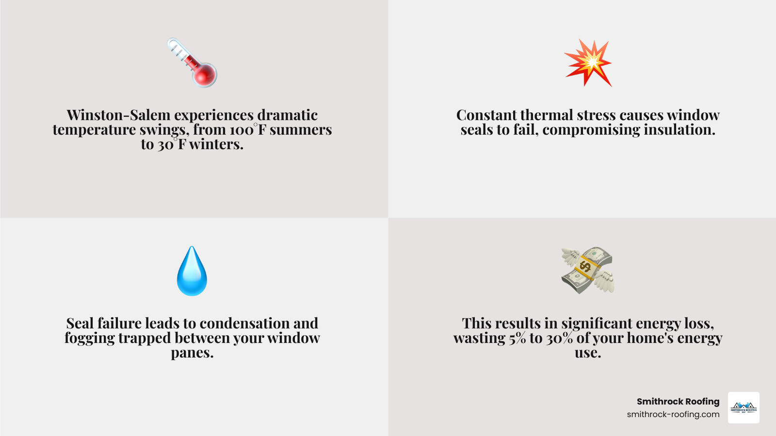 Infographic showing Winston-Salem's temperature extremes from 30°F winters to 100°F summers, illustrating thermal stress on window seals, condensation formation between panes, and energy loss percentages ranging from 5-30% of home energy use - window glass replacement Winston Salem infographic 4_facts_emoji_grey