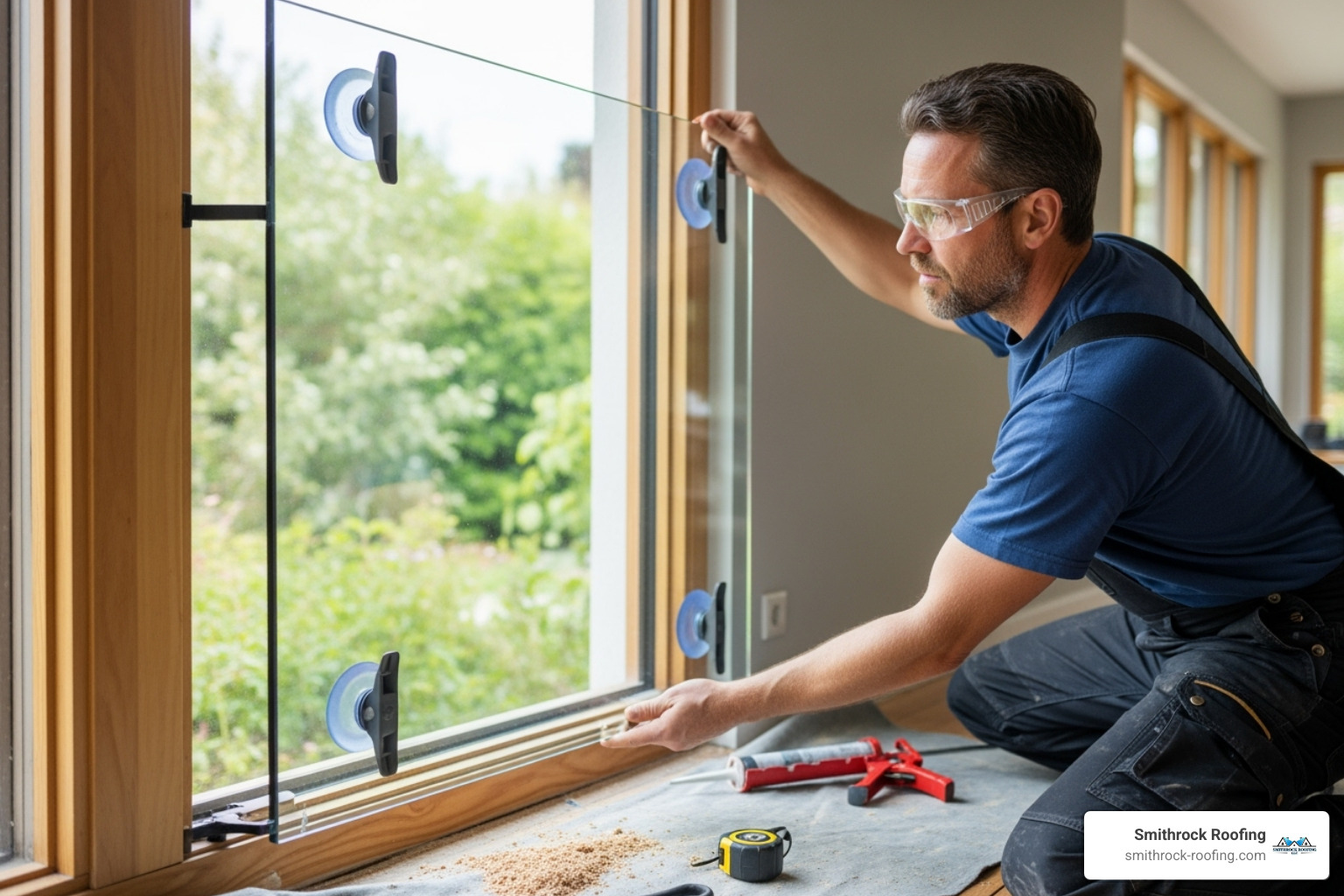 of a professional installer carefully placing a new window pane - window glass replacement Winston Salem