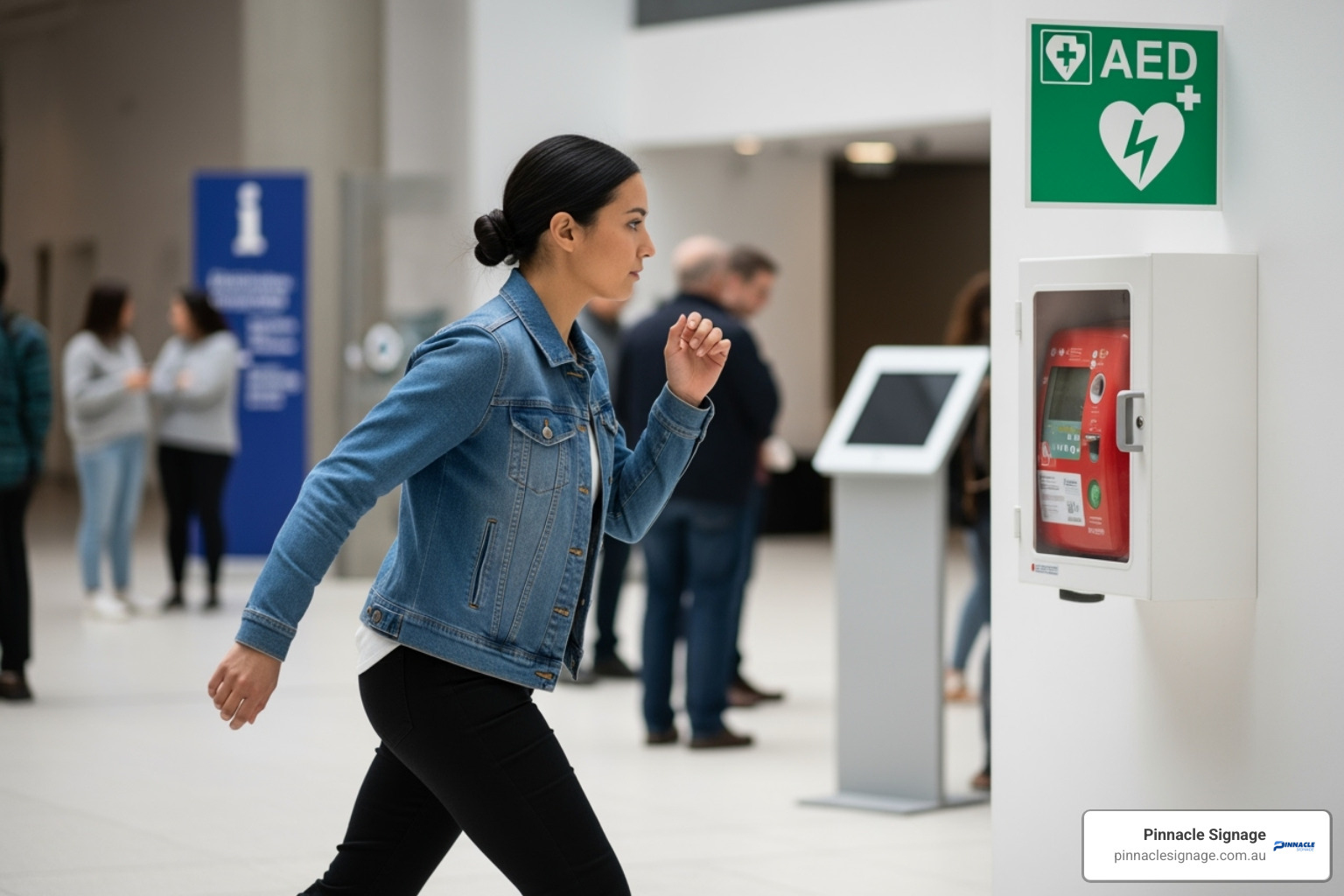 Person quickly locating an AED in a public space thanks to clear signage above it - first aid green sign