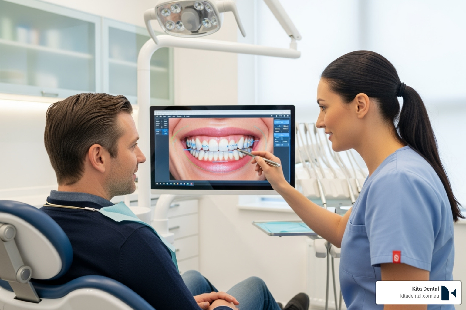 Dentist and patient reviewing a smile design on a computer screen - do veneers look natural Dentist and patient reviewing a smile design on a computer screen - do veneers look natural