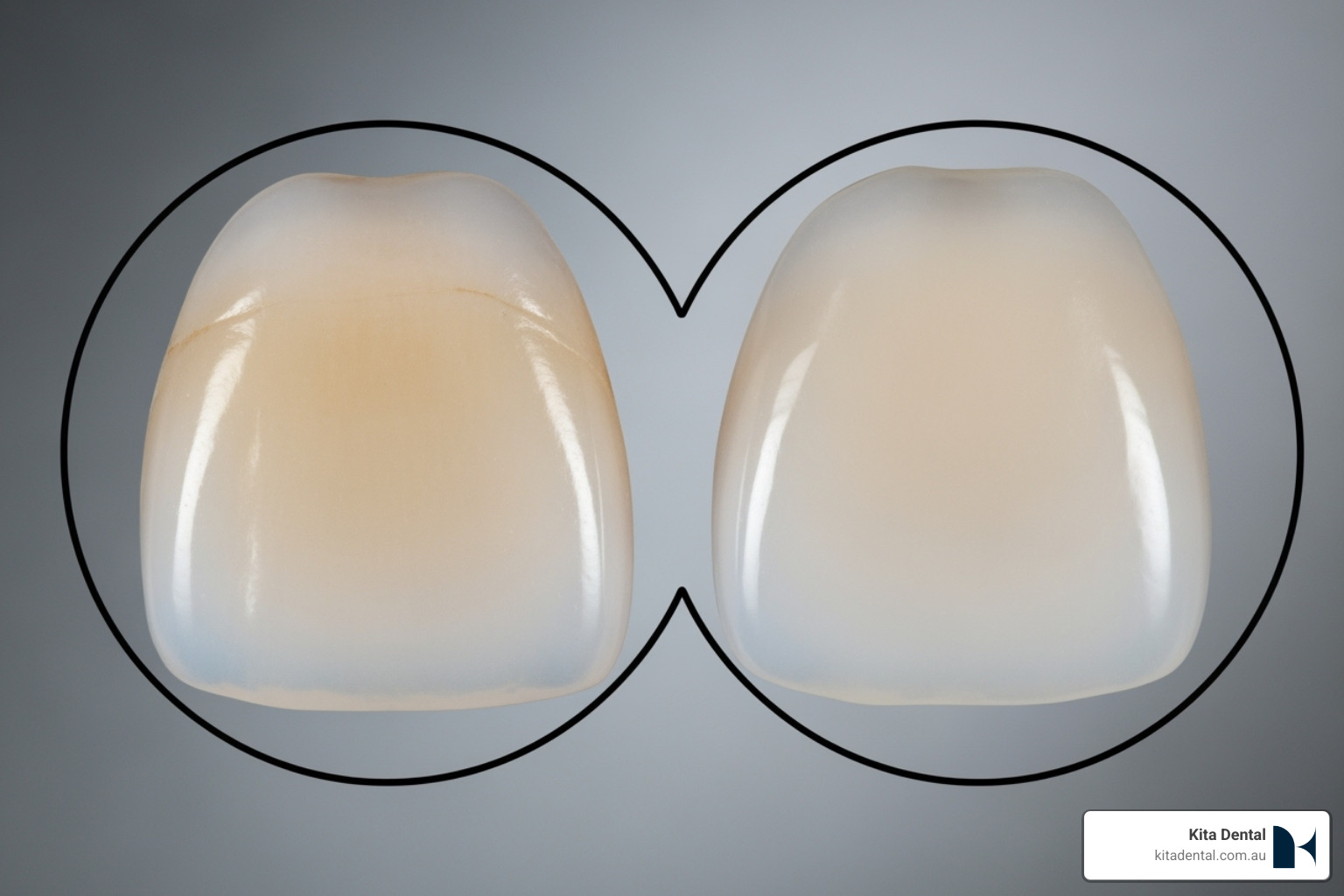 Close-up comparison of a natural tooth and a high-quality porcelain veneer - do veneers look natural Close-up comparison of a natural tooth and a high-quality porcelain veneer - do veneers look natural