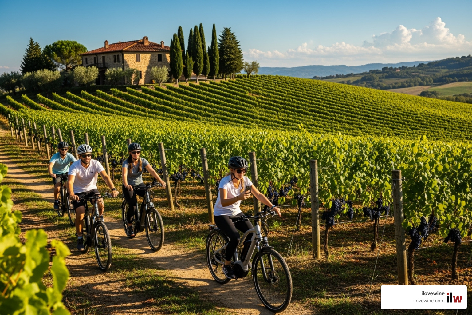 A group on an e-bike tour through vineyards in Bordeaux - Bordeaux wine trips A group on an e-bike tour through vineyards in Bordeaux - Bordeaux wine trips
