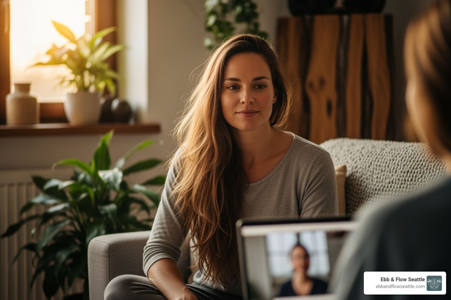A woman with long, flowing hair and a serene expression, engaged in a focused, online therapy session from the comfort of her home, surrounded by soft lighting and natural elements - intensive therapy programs