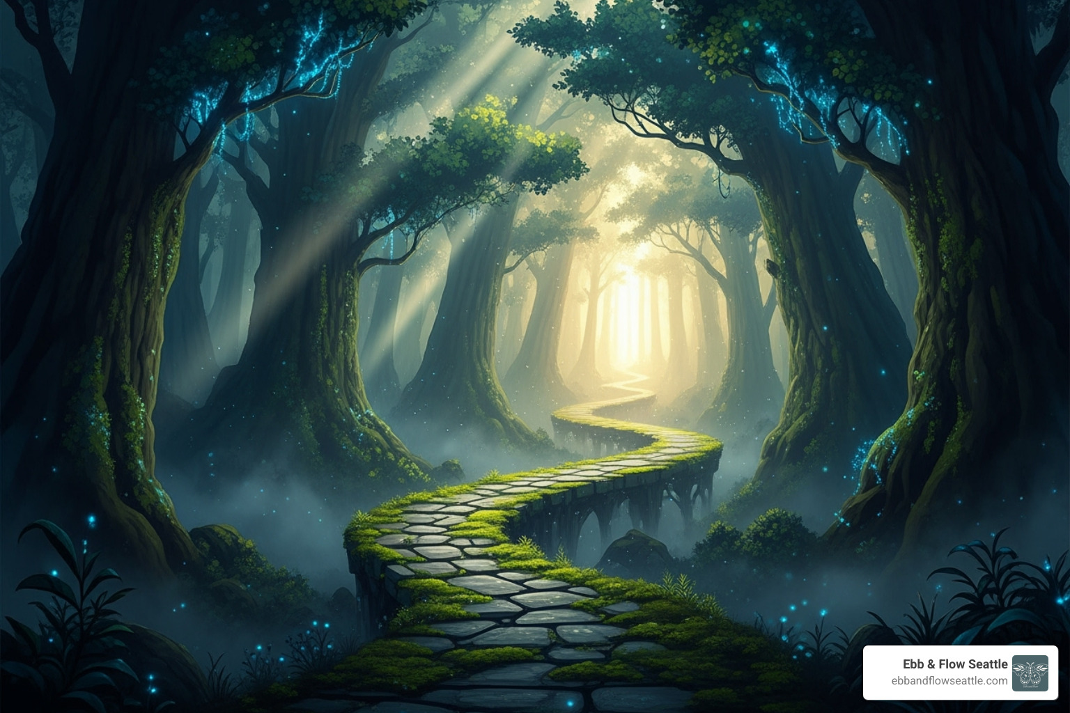 A winding path clearing through a dense, mystical forest, bathed in soft, ethereal light, symbolizing a breakthrough in a journey - intensive therapy programs