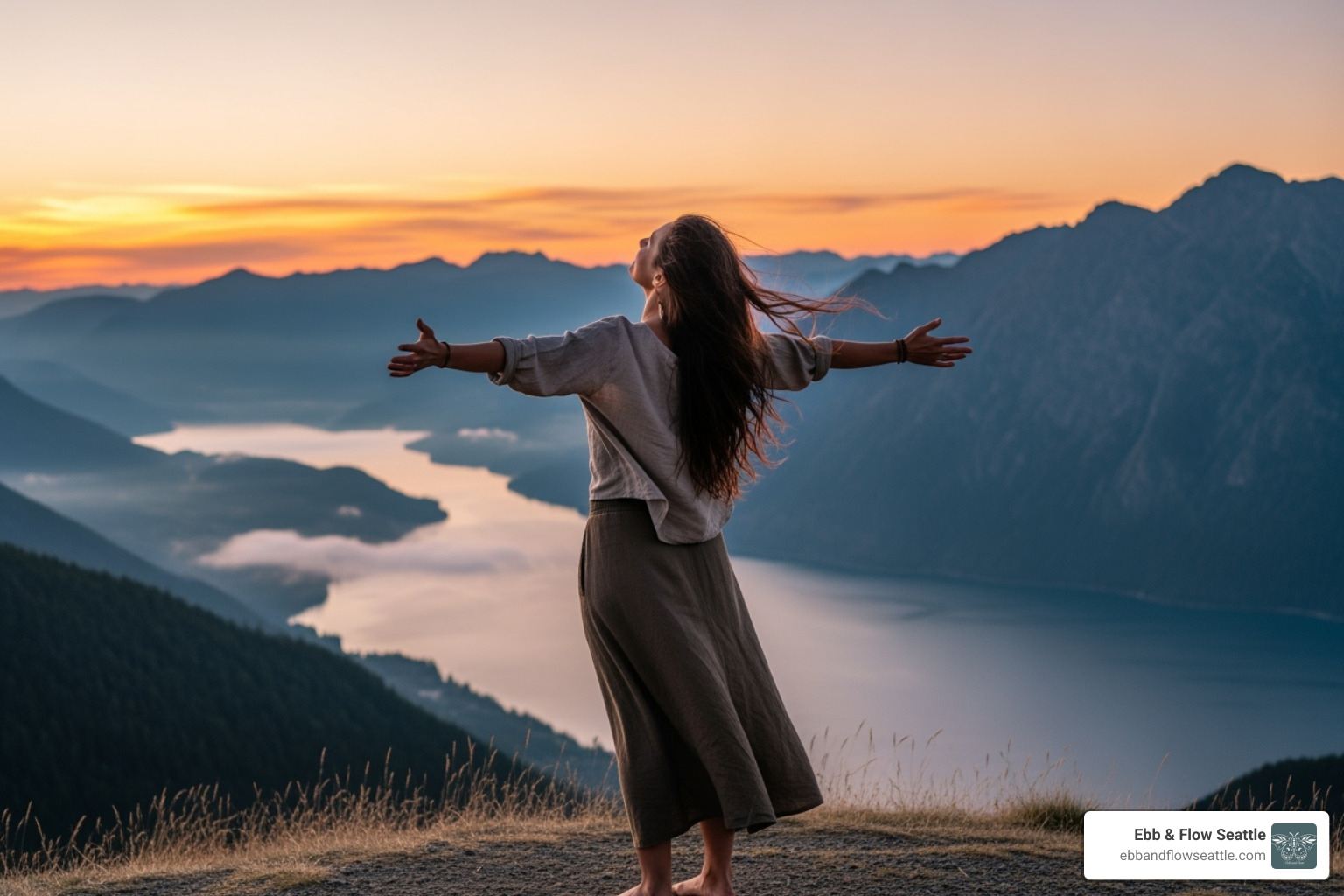 A woman standing confidently at a viewpoint, arms outstretched as if embracing the vast, beautiful landscape before her, symbolizing empowerment and freedom - intensive therapy programs