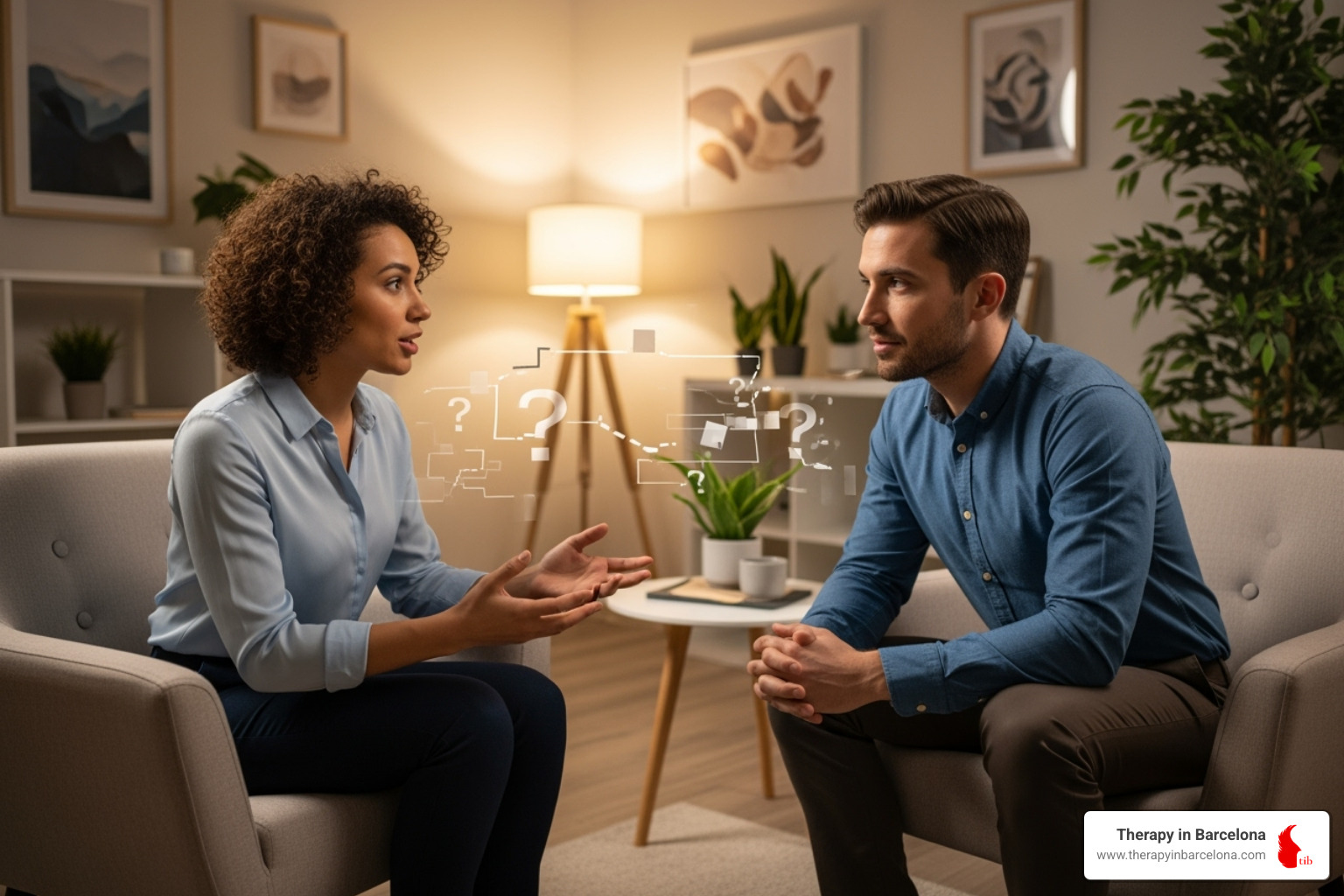 two people talking with confusing symbols between them - English speaking psychologist