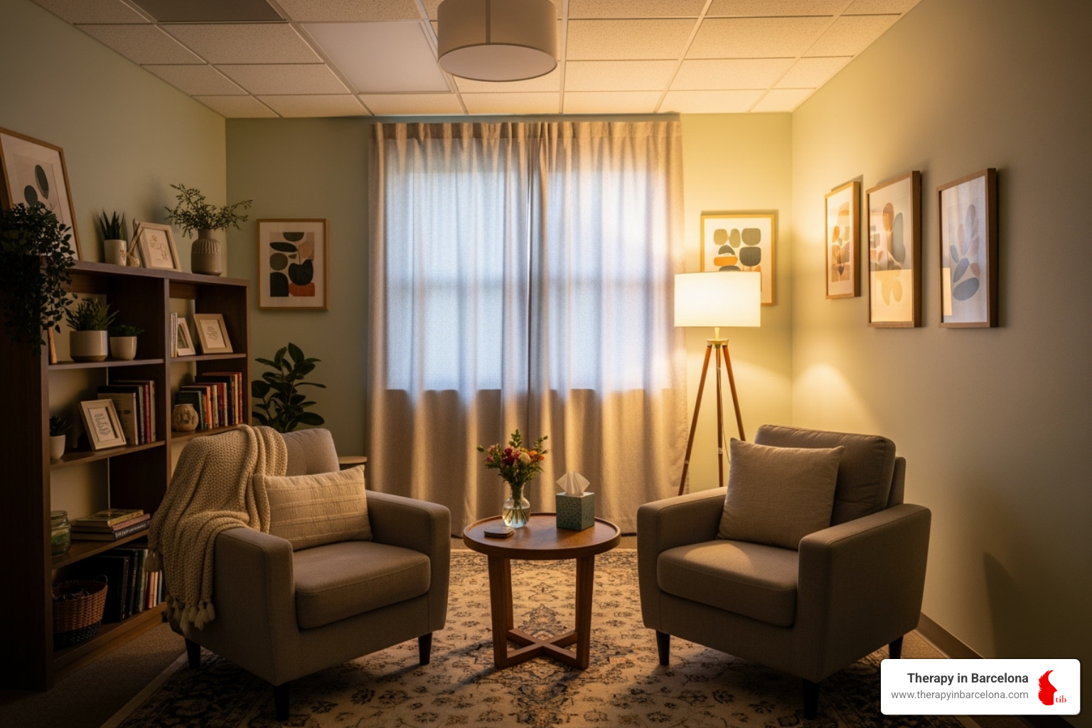 a warm and welcoming therapy room in Barcelona - English speaking psychologist