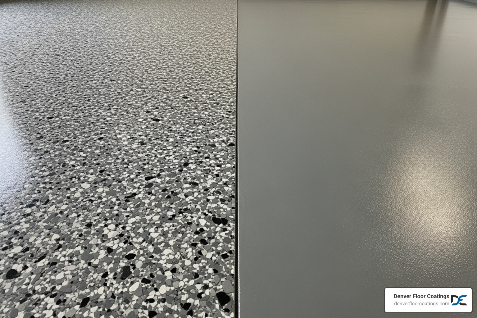 A split image showing a garage floor with a decorative flake polyaspartic coating on one side and a solid gray commercial epoxy floor on the other - chemical resistant floor coatings A split image showing a garage floor with a decorative flake polyaspartic coating on one side and a solid gray commercial epoxy floor on the other - chemical resistant floor coatings