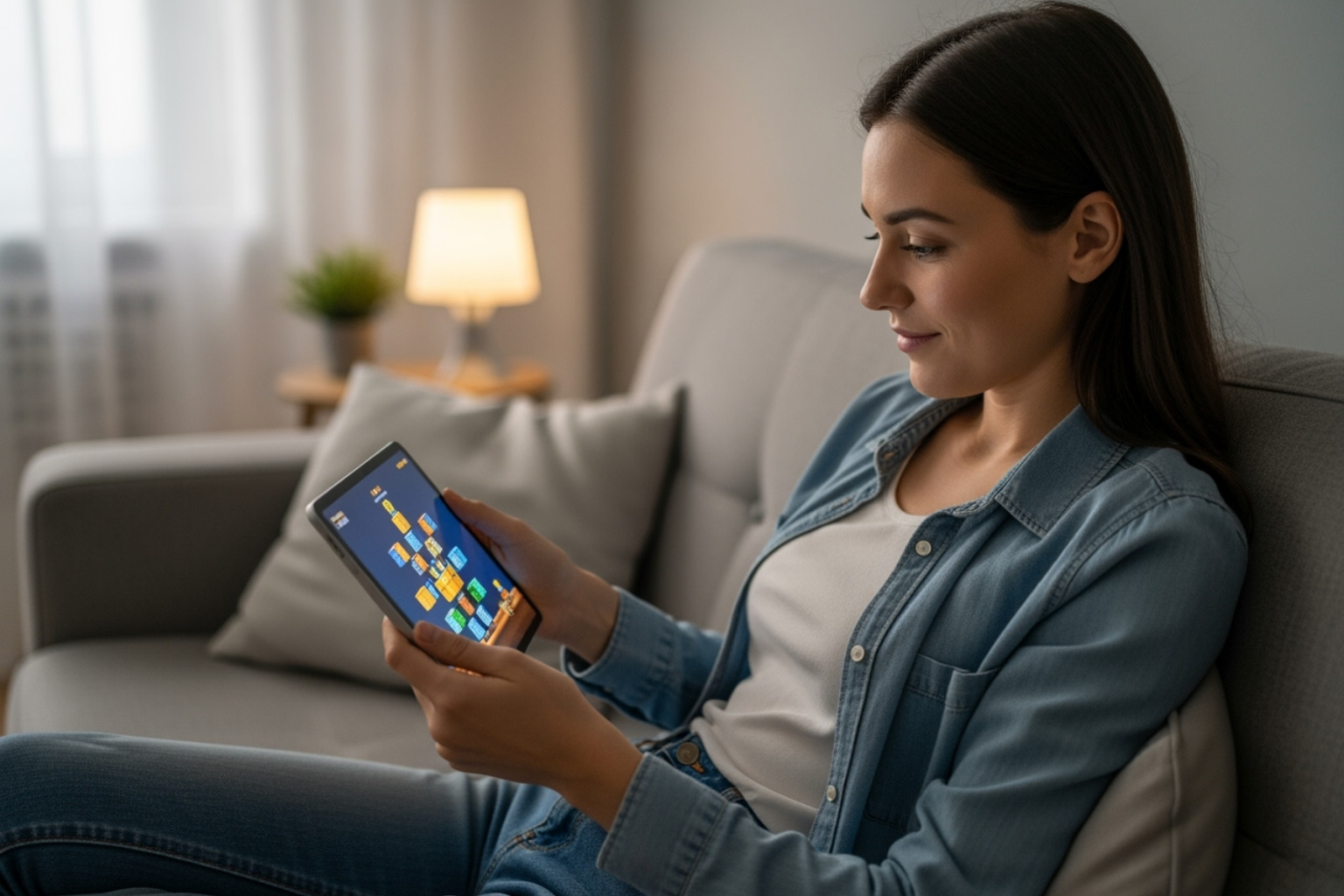 A person sitting calmly on a sofa, looking focused and serene while playing a block breaker game on a tablet, with soft, ambient lighting - block breaker