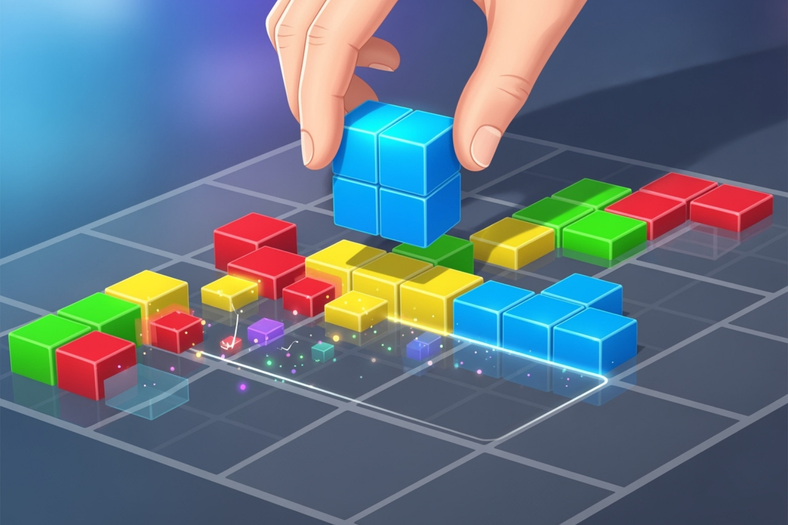 Image illustrating the three core steps: dragging a block, placing it on the grid, and a line clearing - block blast unblocked