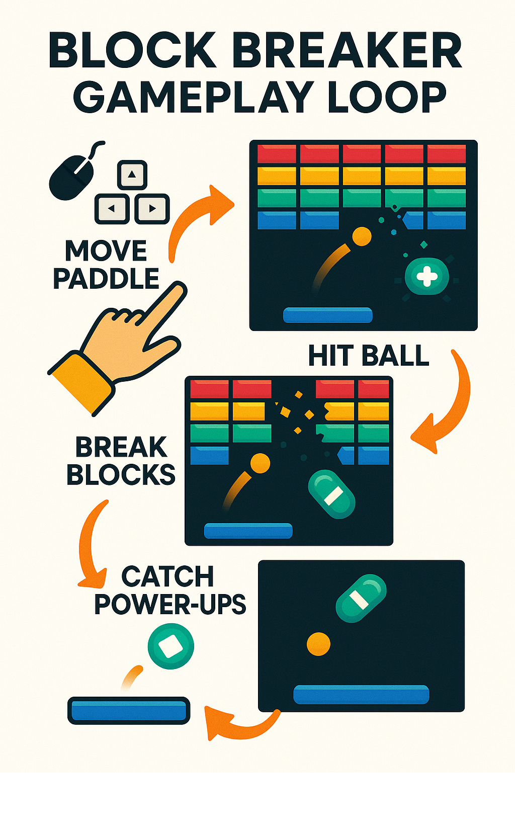 Infographic showing the core Block Breaker gameplay loop: player moves paddle left and right using mouse or arrow keys, paddle hits ball upward toward colorful block formation, ball bounces off blocks destroying them and releasing power-ups, power-ups fall down toward paddle, player catches power-ups to gain advantages like multi-ball or extended paddle, process repeats until all blocks are cleared - block breaker infographic Infographic showing the core Block Breaker gameplay loop: player moves paddle left and right using mouse or arrow keys, paddle hits ball upward toward colorful block formation, ball bounces off blocks destroying them and releasing power-ups, power-ups fall down toward paddle, player catches power-ups to gain advantages like multi-ball or extended paddle, process repeats until all blocks are cleared - block breaker infographic