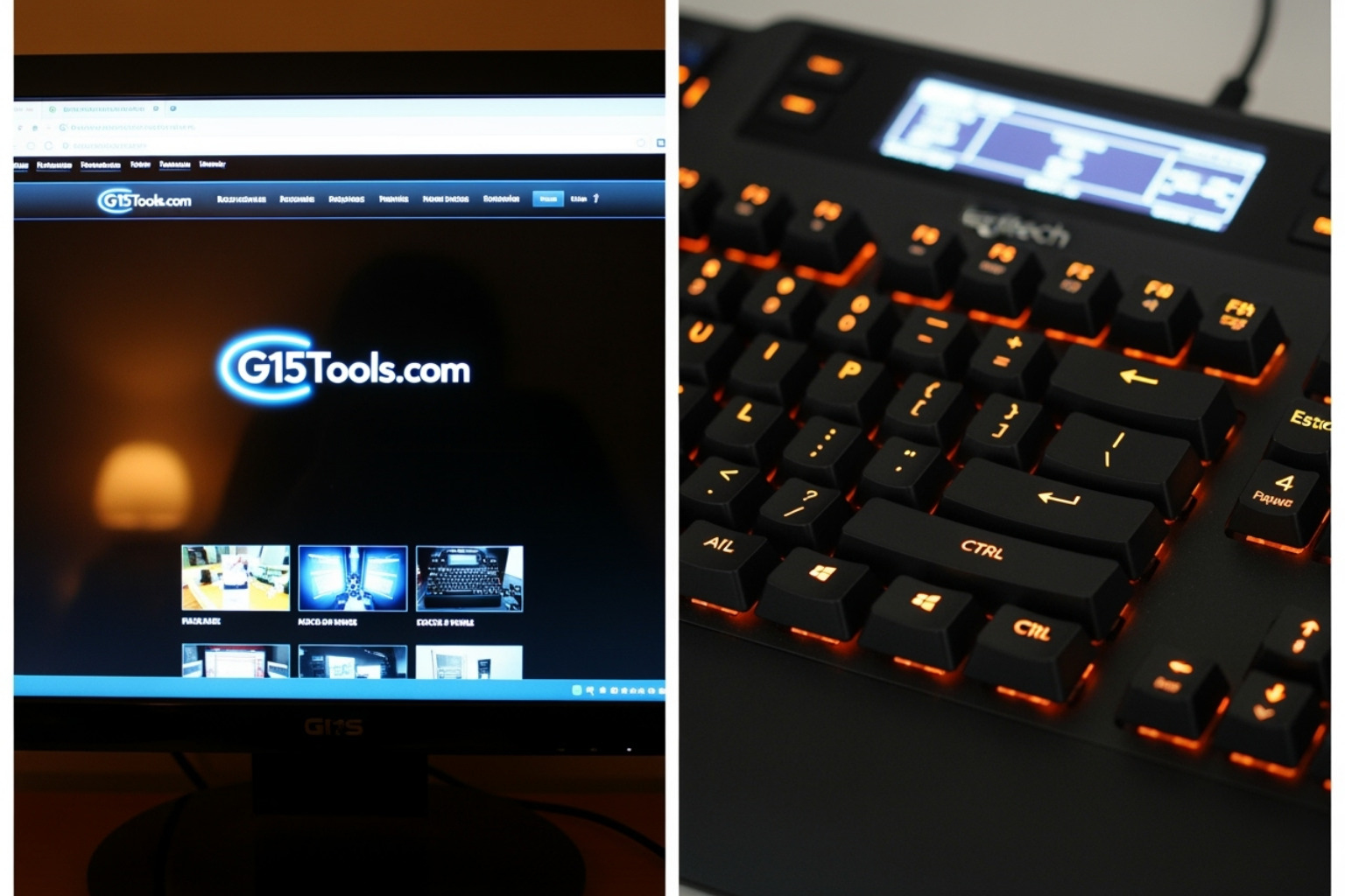collage showing the G15Tools website on one side and a Logitech G15 keyboard on the other -  g15tools com gadget