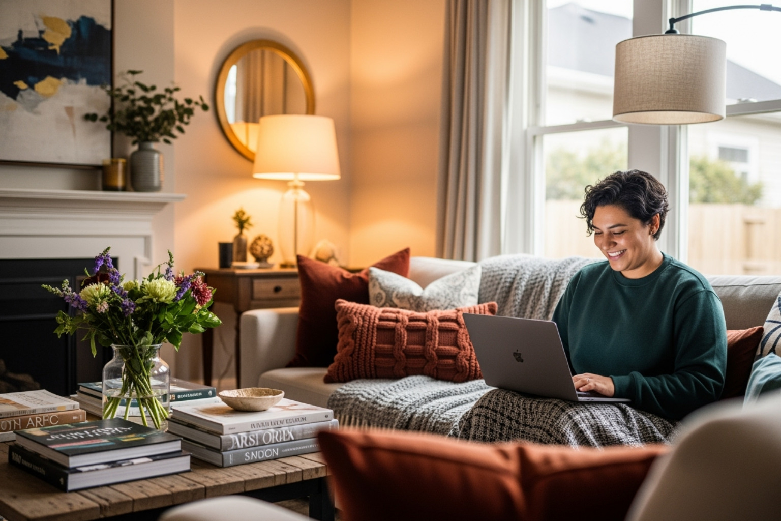 A person smiling while using a laptop in a cozy, beautiful home setting -  g15tools com gadget