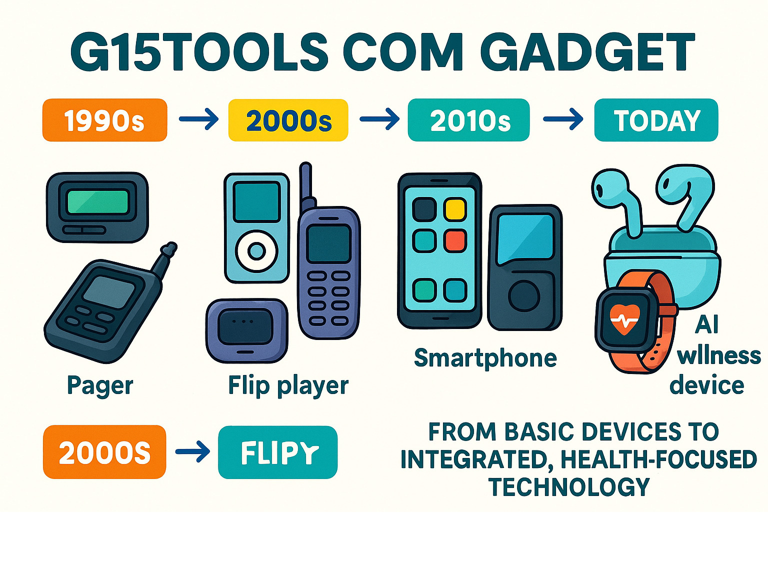 Infographic showing the evolution of personal gadgets from basic 1990s devices like pagers and early mobile phones, progressing through 2000s MP3 players and flip phones, 2010s smartphones and tablets, to today's smart watches, wireless earbuds, and AI-powered wellness devices, with arrows indicating the progression toward more integrated and health-focused technology -  g15tools com gadget infographic 