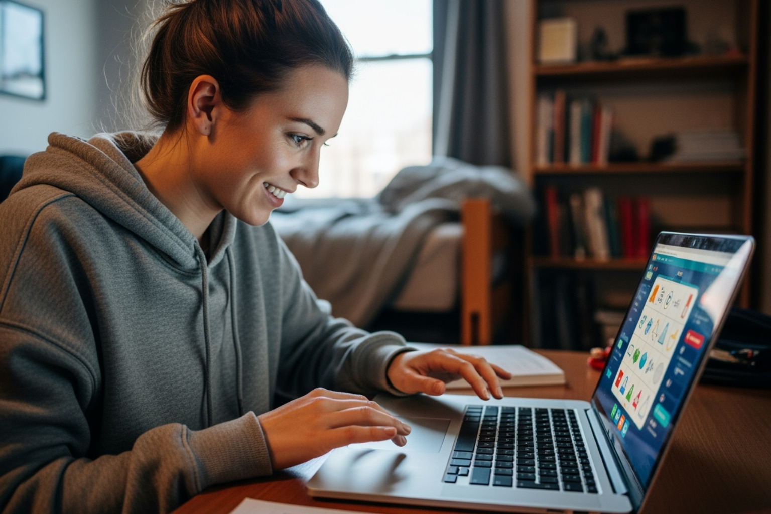 student smiling while playing an educational puzzle game on a laptop - classroom 15x