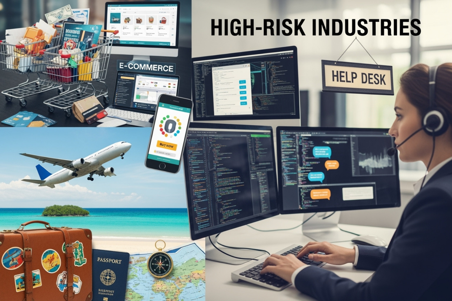 collage representing various high-risk industries like e-commerce, travel, and tech support - high risk merchant account at highriskpay.com