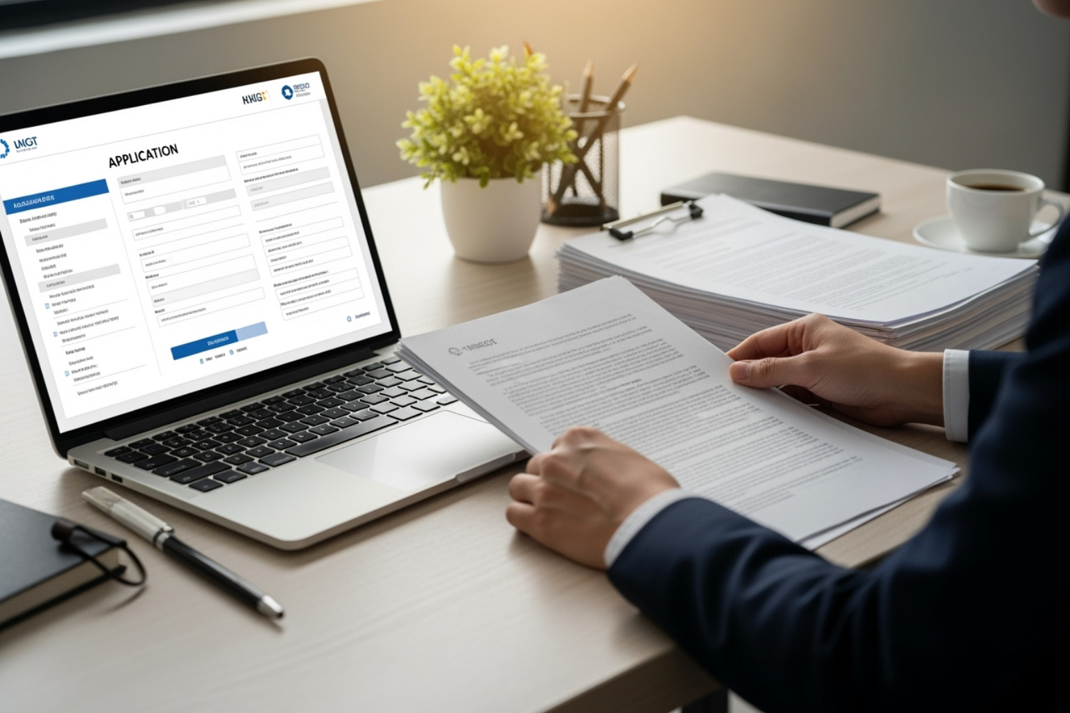 person organizing business documents next to a laptop displaying an application form - high risk merchant account at highriskpay.com