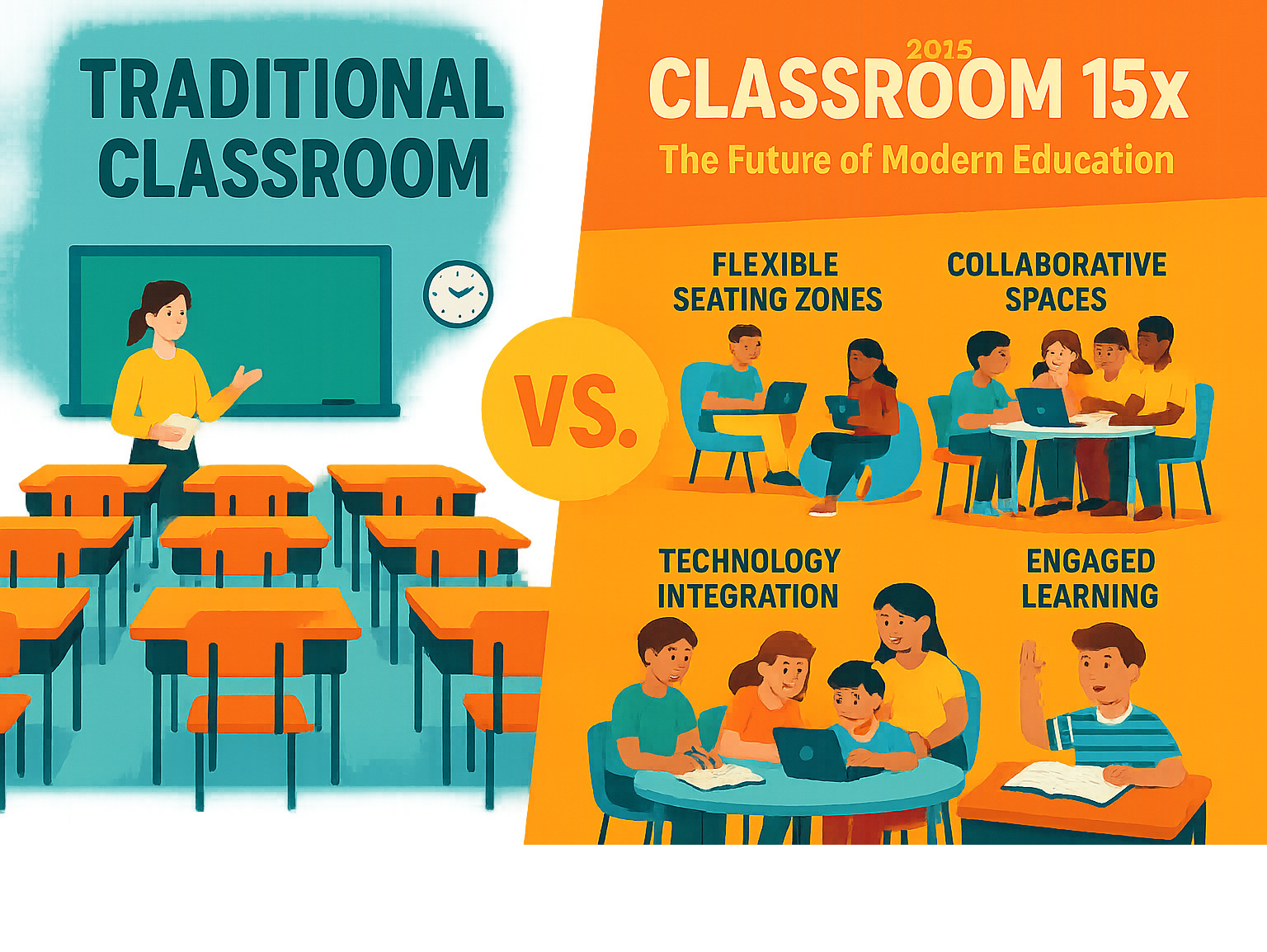 Infographic showing traditional classroom with rows of desks facing forward versus Classroom 15x with flexible seating zones, collaborative spaces, technology integration stations, and students engaged in various learning activities - classroom 15x infographic 