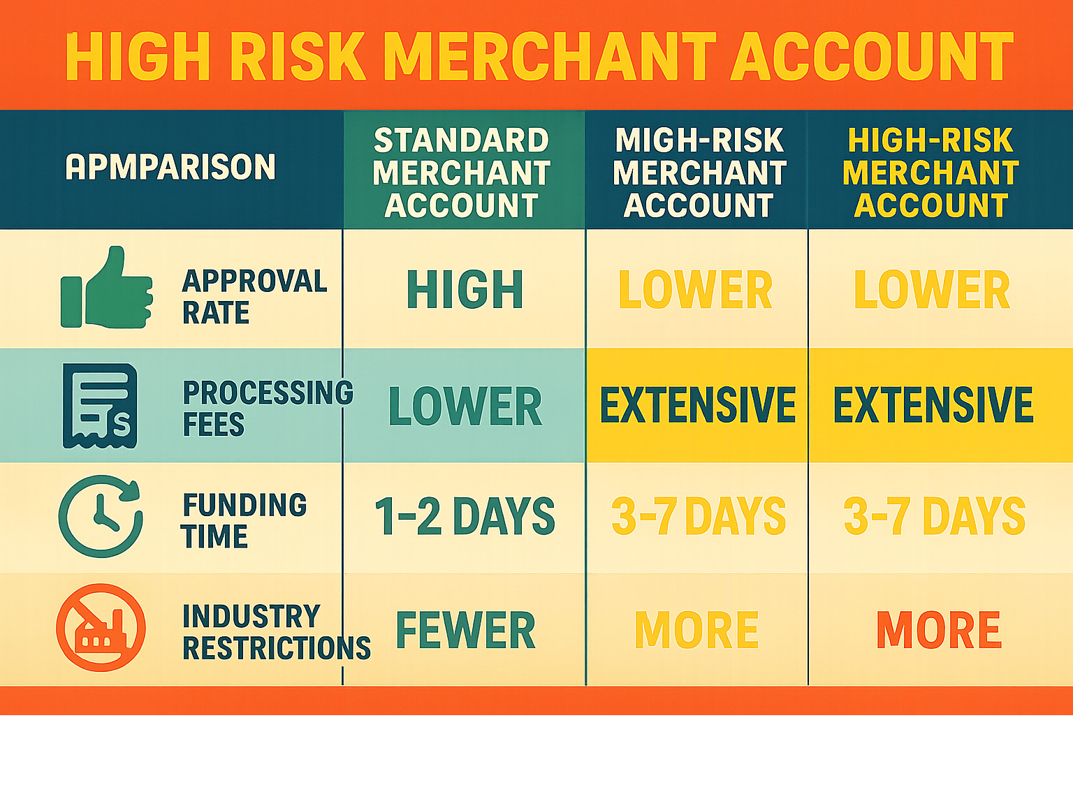 Comprehensive comparison infographic showing the key differences between standard merchant accounts and high-risk merchant accounts, including approval rates, processing fees, documentation requirements, funding timelines, and industry restrictions - high risk merchant account at highriskpay.com infographic 