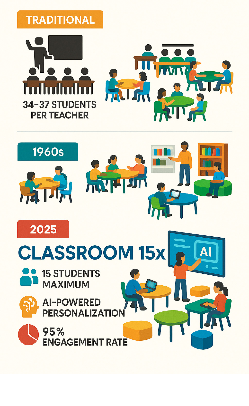 Infographic showing the evolution of classroom design from traditional rows of desks in the 1800s with 34-37 students per teacher, to open-plan experiments in the 1960s, to modern flexible learning environments with technology integration, modular furniture, and the classroom 15x model featuring 15 students maximum, AI-powered personalization, and 95% engagement rates - classroom 15x infographic 