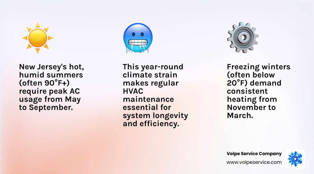 New Jersey seasonal temperature ranges and HVAC usage patterns showing heating demands from November through March and cooling needs from May through September, with peak usage during July-August and December-February - HVAC services New Jersey infographic 3_facts_emoji_light-gradient