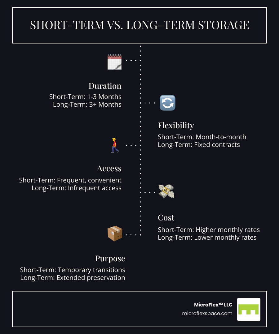 Infographic showing short-term storage (1-3 months, flexible leases, higher monthly cost, frequent access) versus long-term storage (3+ months, fixed contracts, lower monthly cost, infrequent access) - what is short term storage infographic infographic-line-5-steps-dark Infographic showing short-term storage (1-3 months, flexible leases, higher monthly cost, frequent access) versus long-term storage (3+ months, fixed contracts, lower monthly cost, infrequent access) - what is short term storage infographic infographic-line-5-steps-dark