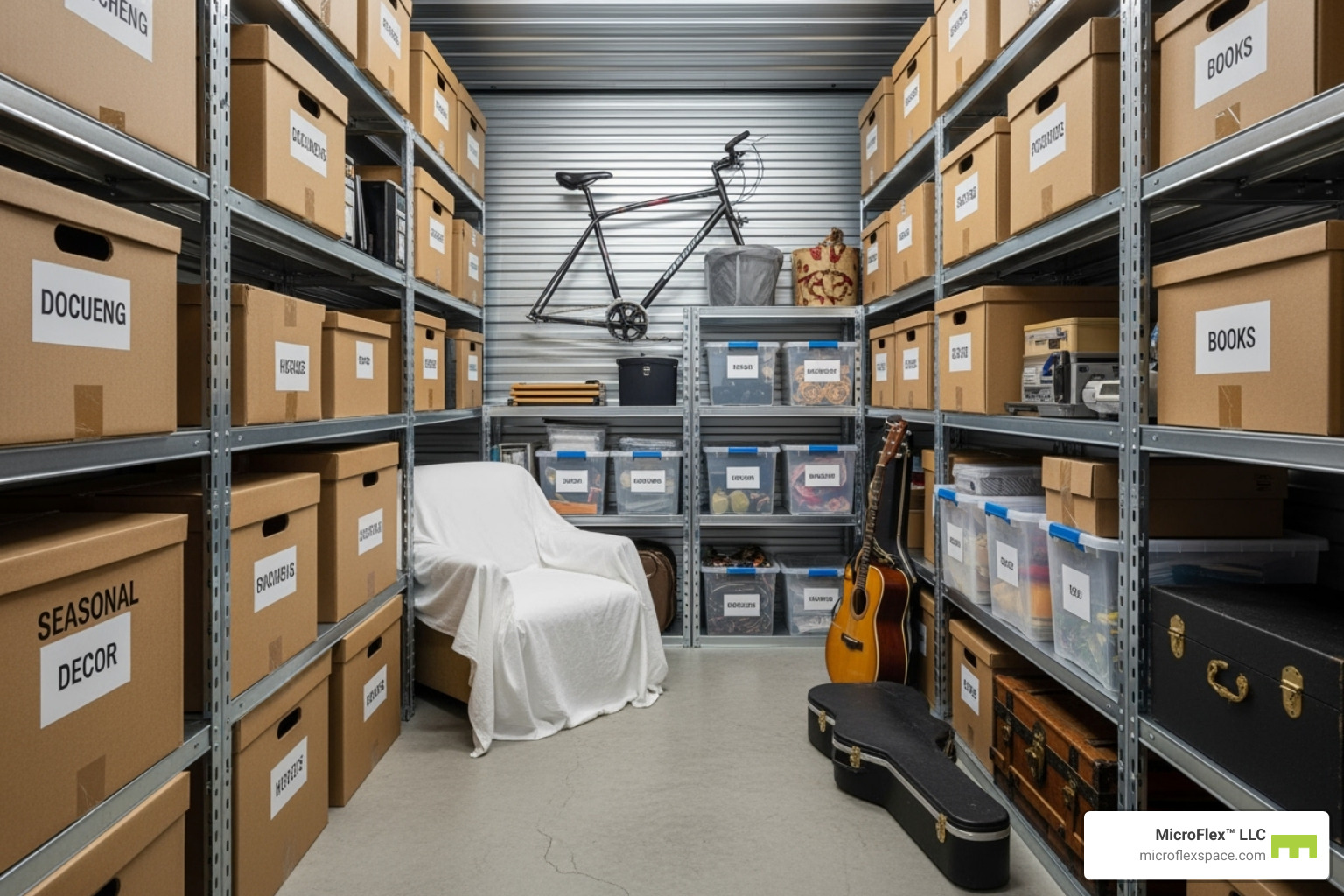 Organized storage unit with clear labels and stacked boxes - what is short term storage Organized storage unit with clear labels and stacked boxes - what is short term storage