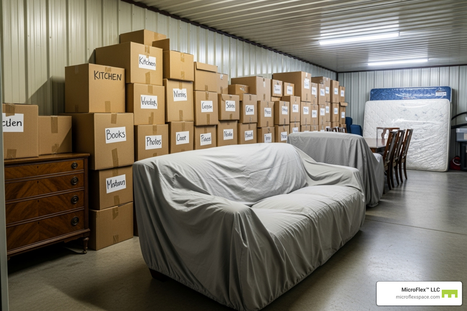 Well-organized long-term storage unit with furniture covered in protective sheets - what is short term storage Well-organized long-term storage unit with furniture covered in protective sheets - what is short term storage