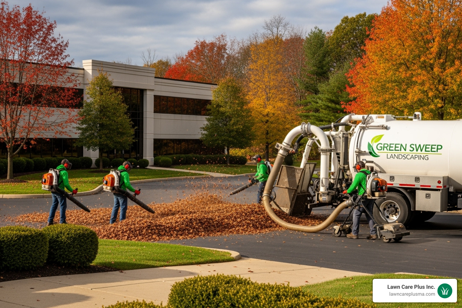 a landscaping crew using professional-grade leaf blowers and a vacuum truck - leaf cleaning service near me a landscaping crew using professional-grade leaf blowers and a vacuum truck - leaf cleaning service near me