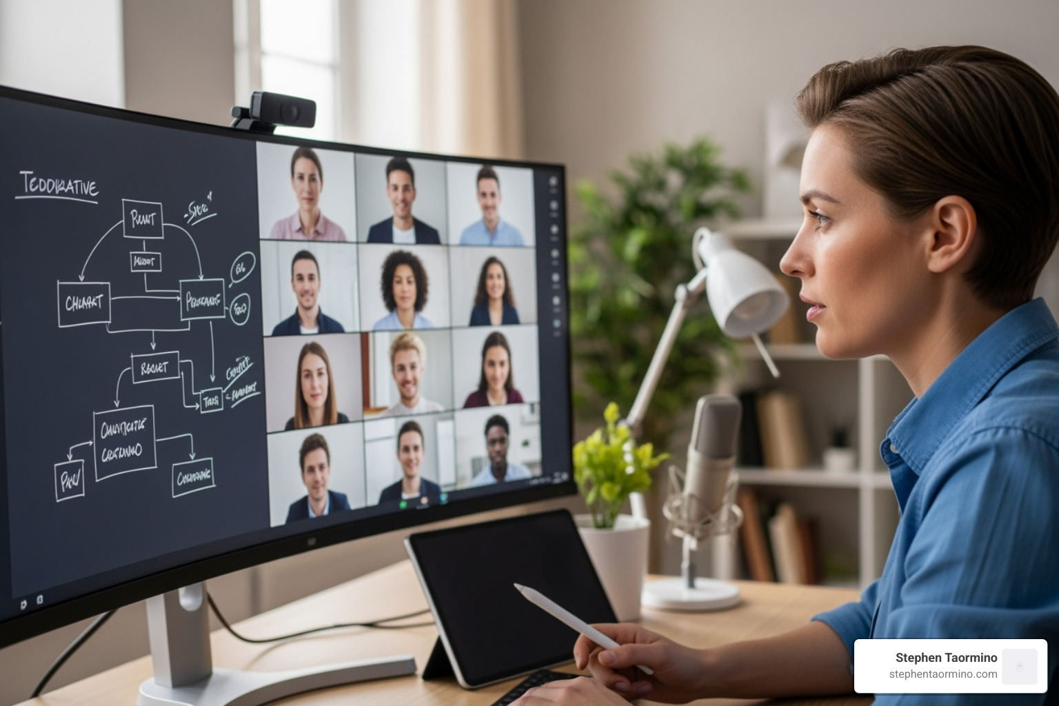 a facilitator leading a virtual meeting with participants visible on a large screen, using digital whiteboard tools. - group facilitation training a facilitator leading a virtual meeting with participants visible on a large screen, using digital whiteboard tools. - group facilitation training