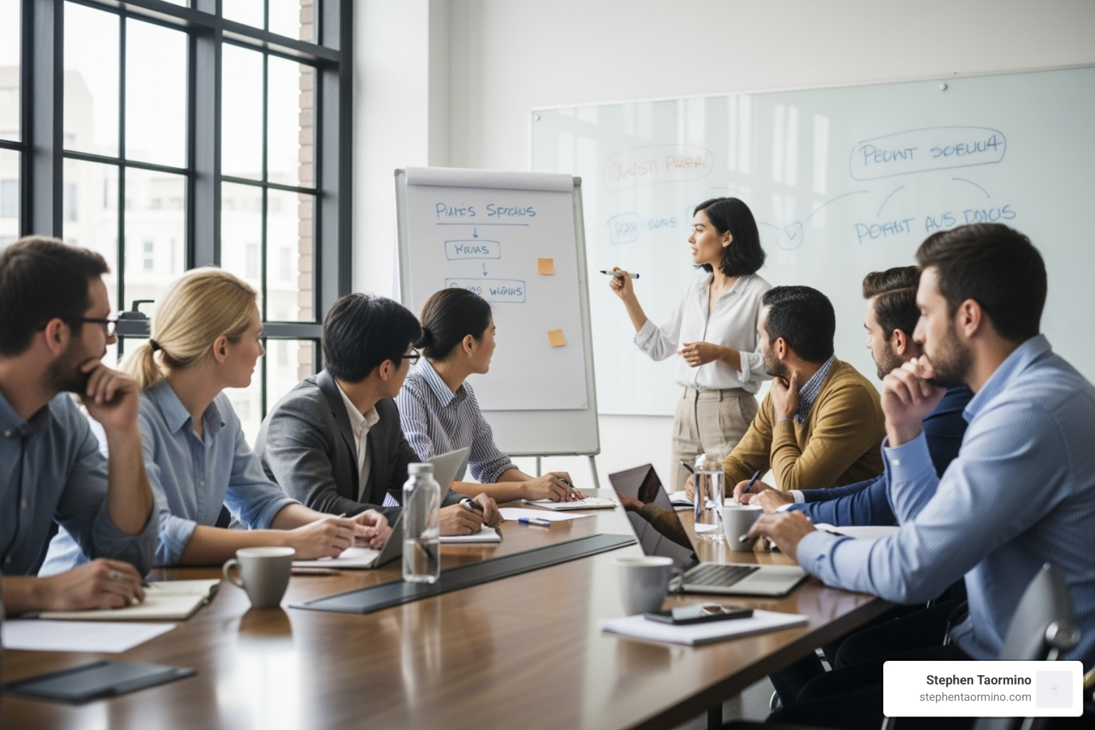 a group collaborating effectively, with a facilitator leading at the whiteboard. - group facilitation training a group collaborating effectively, with a facilitator leading at the whiteboard. - group facilitation training