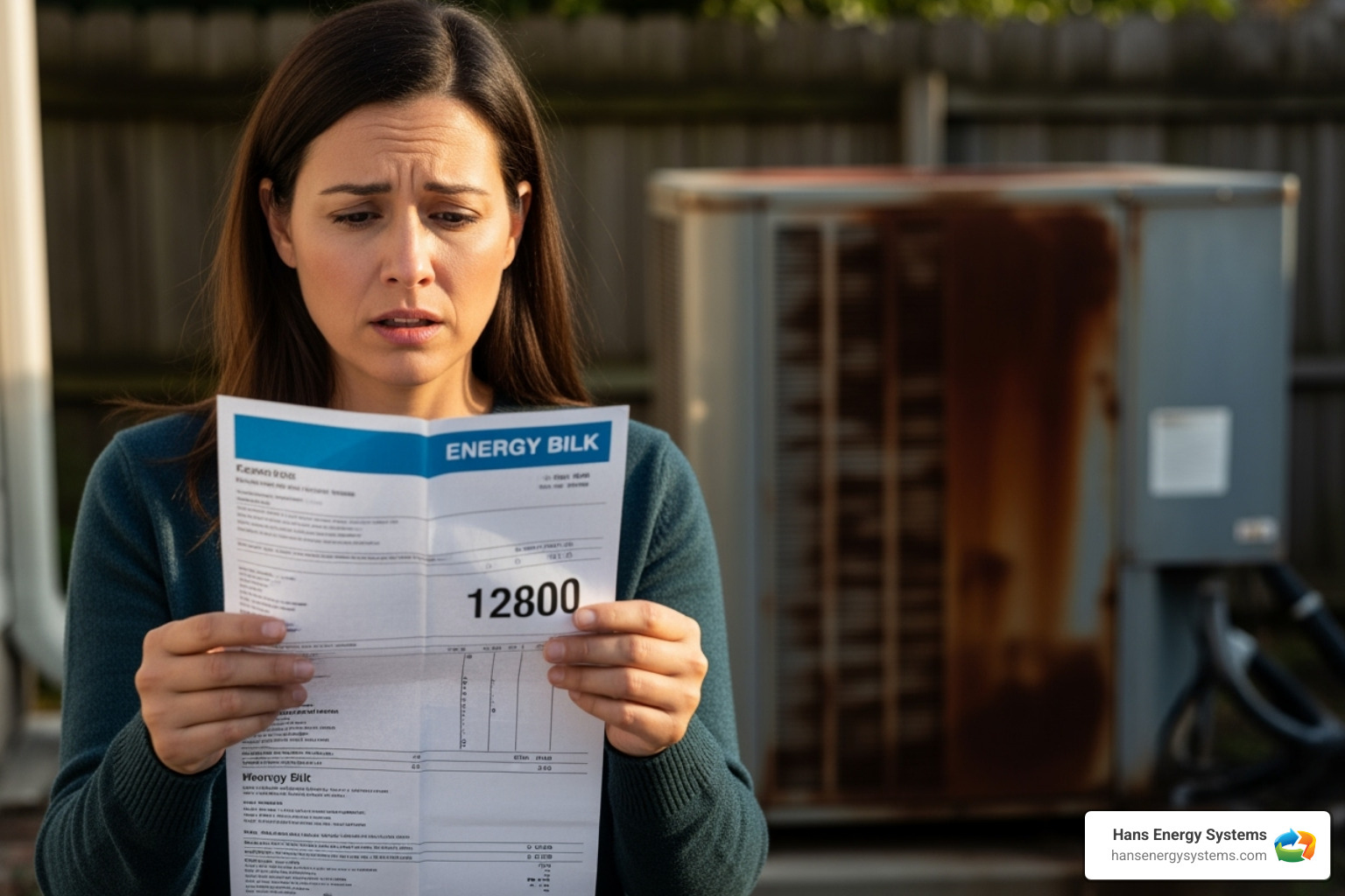 A homeowner looking concerned at a high energy bill, with a blurry image of an old HVAC unit in the background - hvac replacement poway A homeowner looking concerned at a high energy bill, with a blurry image of an old HVAC unit in the background - hvac replacement poway