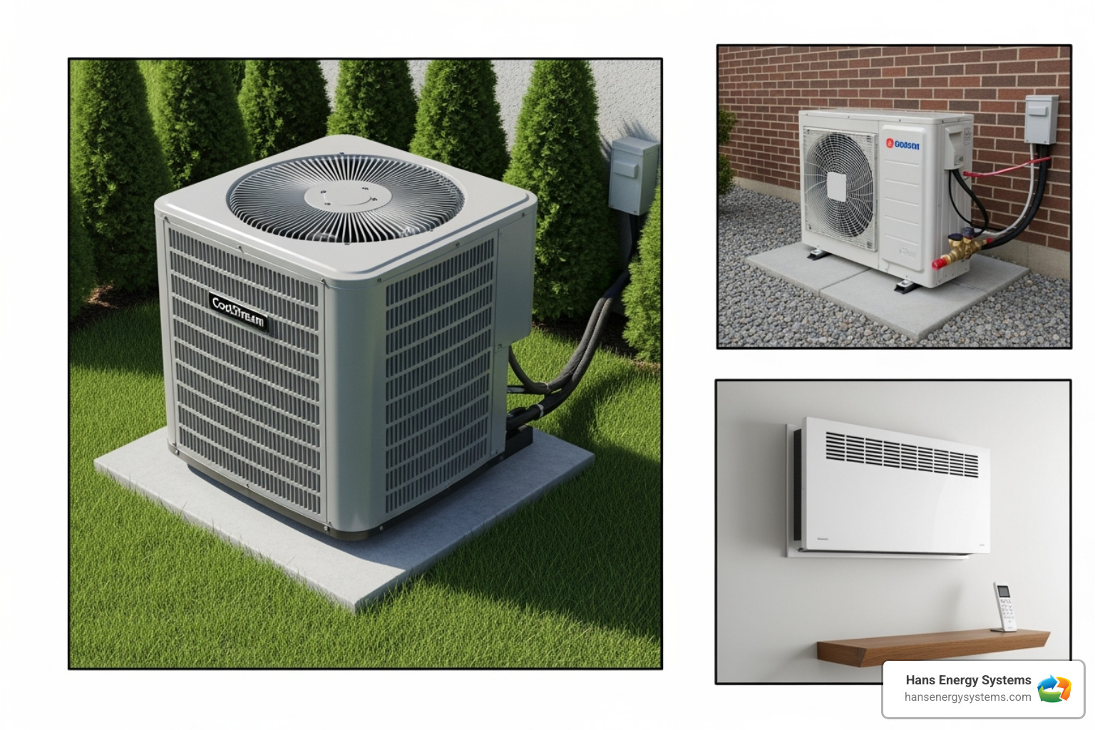 A collage showing different types of HVAC systems, including a central air conditioning unit, an outdoor heat pump unit, and an indoor ductless mini-split head - hvac replacement poway A collage showing different types of HVAC systems, including a central air conditioning unit, an outdoor heat pump unit, and an indoor ductless mini-split head - hvac replacement poway