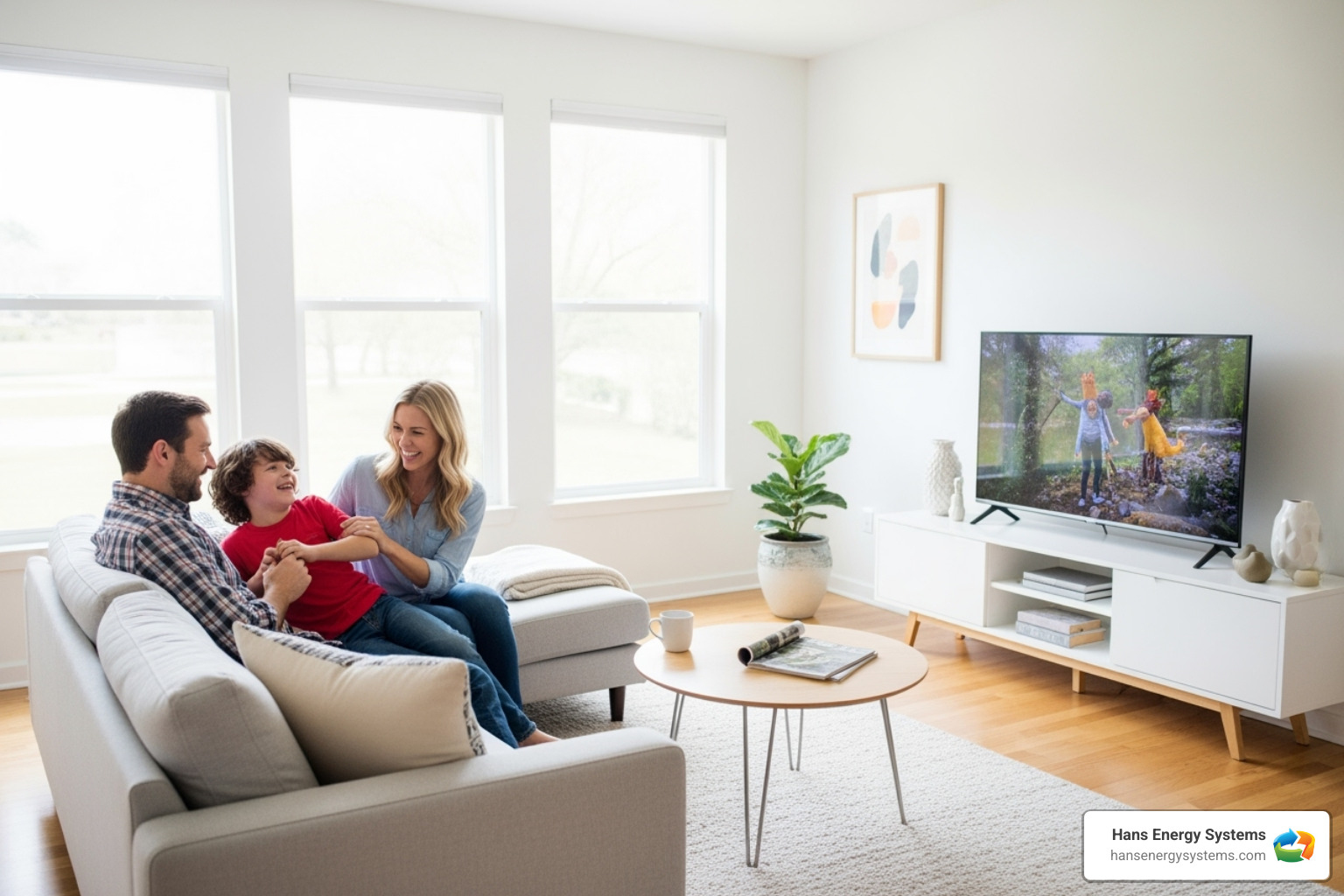 A happy family relaxing comfortably on a sofa in their living room, with a modern, efficient-looking interior - hvac replacement poway A happy family relaxing comfortably on a sofa in their living room, with a modern, efficient-looking interior - hvac replacement poway