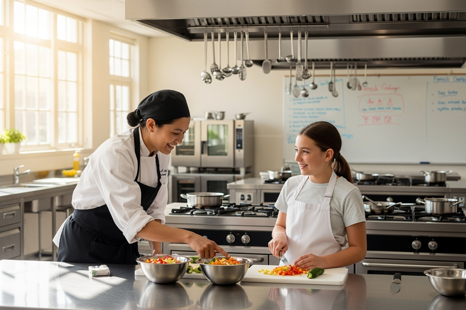 smiling chef and student - classroom 15x