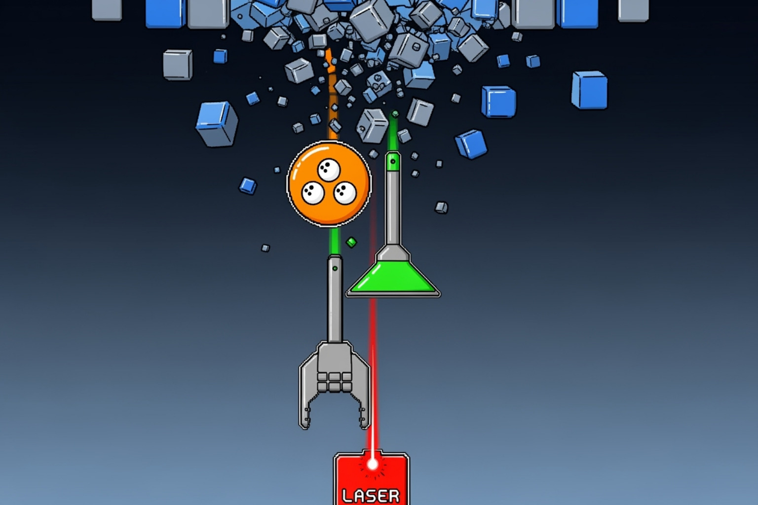 Various power-ups, like multi-ball, paddle extender, and laser, falling from broken blocks - block breaker