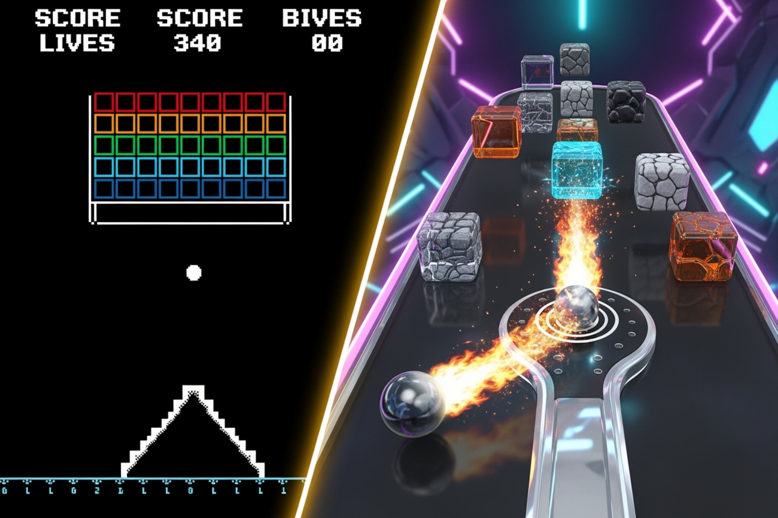Comparison of a retro Breakout screen with a modern Block Breaker screen, highlighting visual evolution - block breaker