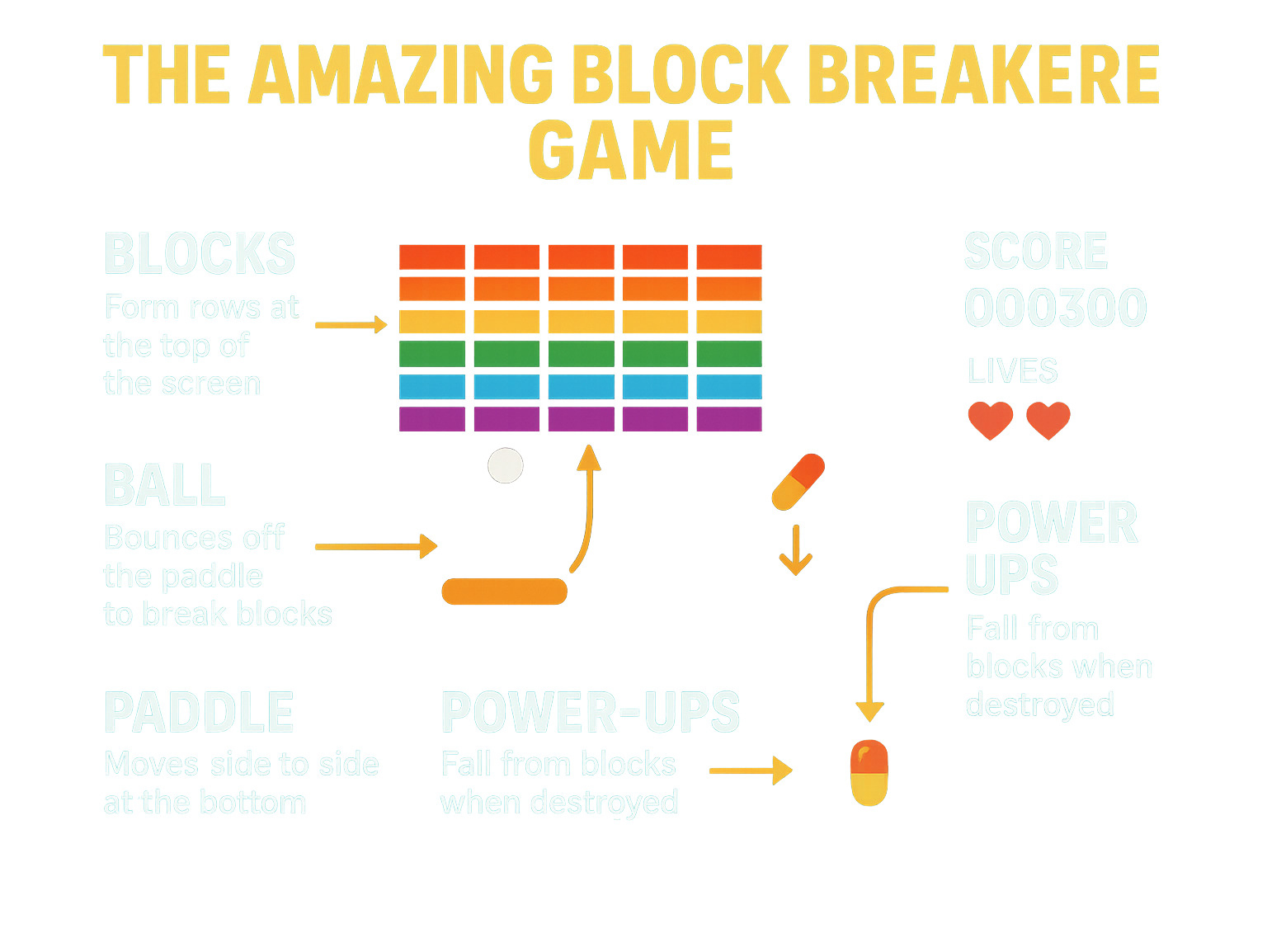 Infographic showing Block Breaker game elements: paddle at bottom controlling ball trajectory, colorful blocks arranged in rows, power-ups falling when blocks are destroyed, score counter, and lives indicator - block breaker infographic 